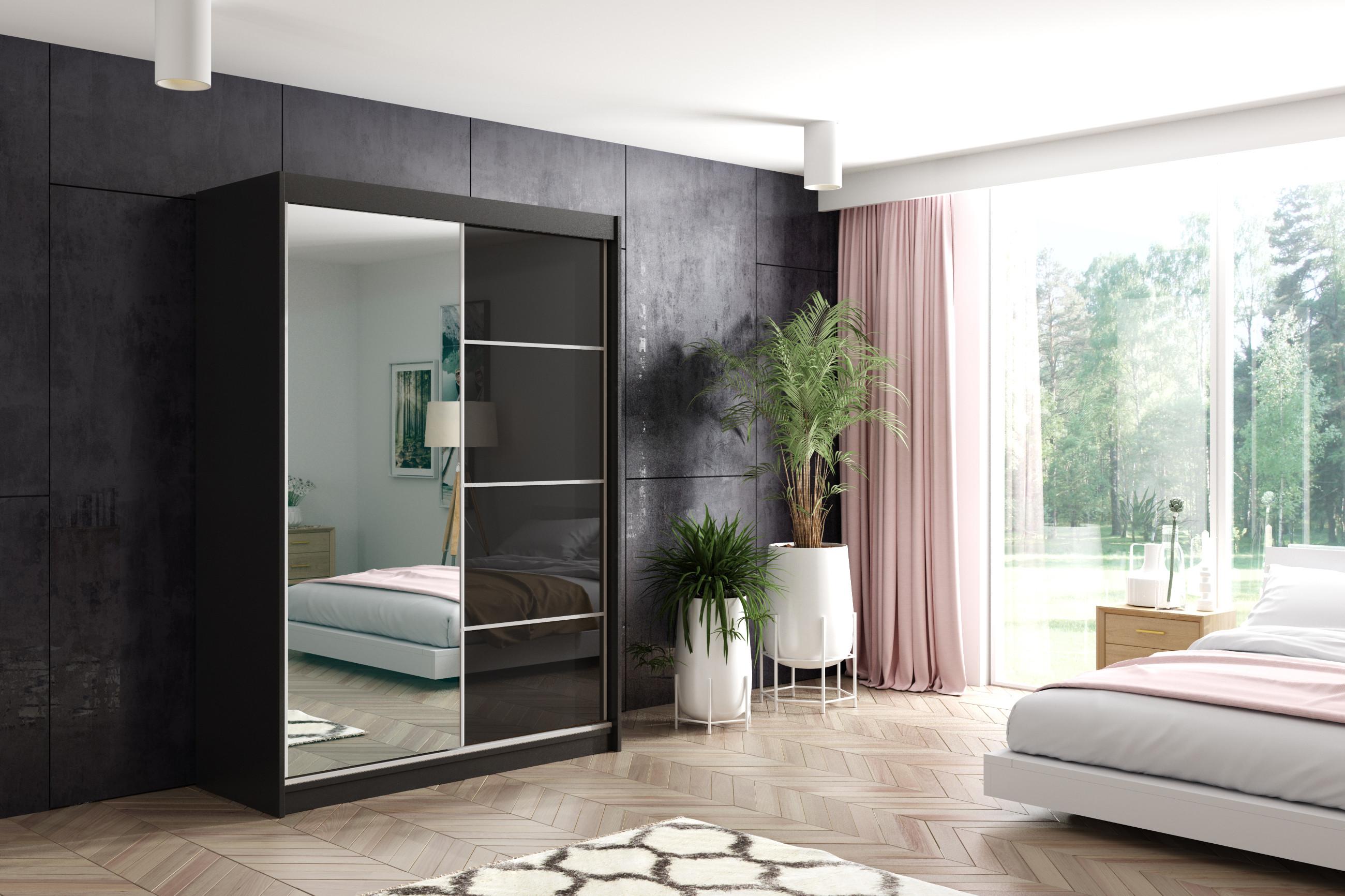 wohnli-moebel-suche-800000532127-1 KLEIDERSCHRANK mit Spiegel-Schiebetüren und Aluminium-Leisten - VIVI - 160 cm Schwarz Holzwerkstoff ALTDECOR Möbel > Schränke > Kleiderschränke Schwarz