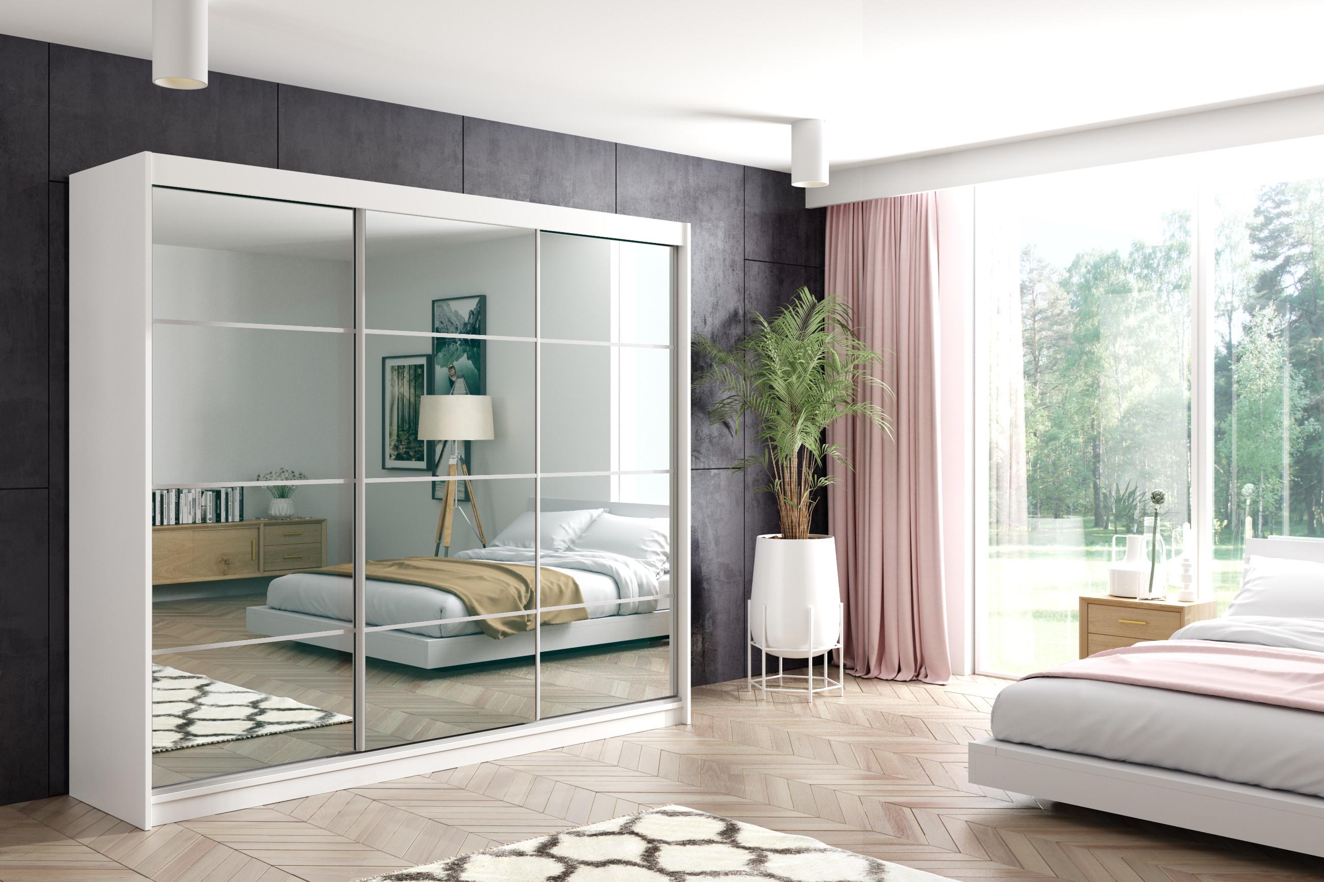KLEIDERSCHRANK mit Spiegel-Schiebetüren und Aluminium-Leisten - VIVONA - 180 cm Weiß Holzwerkstoff ALTDECOR Möbel > Schränke > Kleiderschränke Weiß