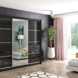 wohnli-moebel-suche-800000532160-1 KLEIDERSCHRANK mit Spiegel-Schiebetüren und Aluminium-Leisten - VIVONA-2 - 240 cm Schwarz Holzwerkstoff ALTDECOR Möbel > Schränke > Kleiderschränke Schwarz