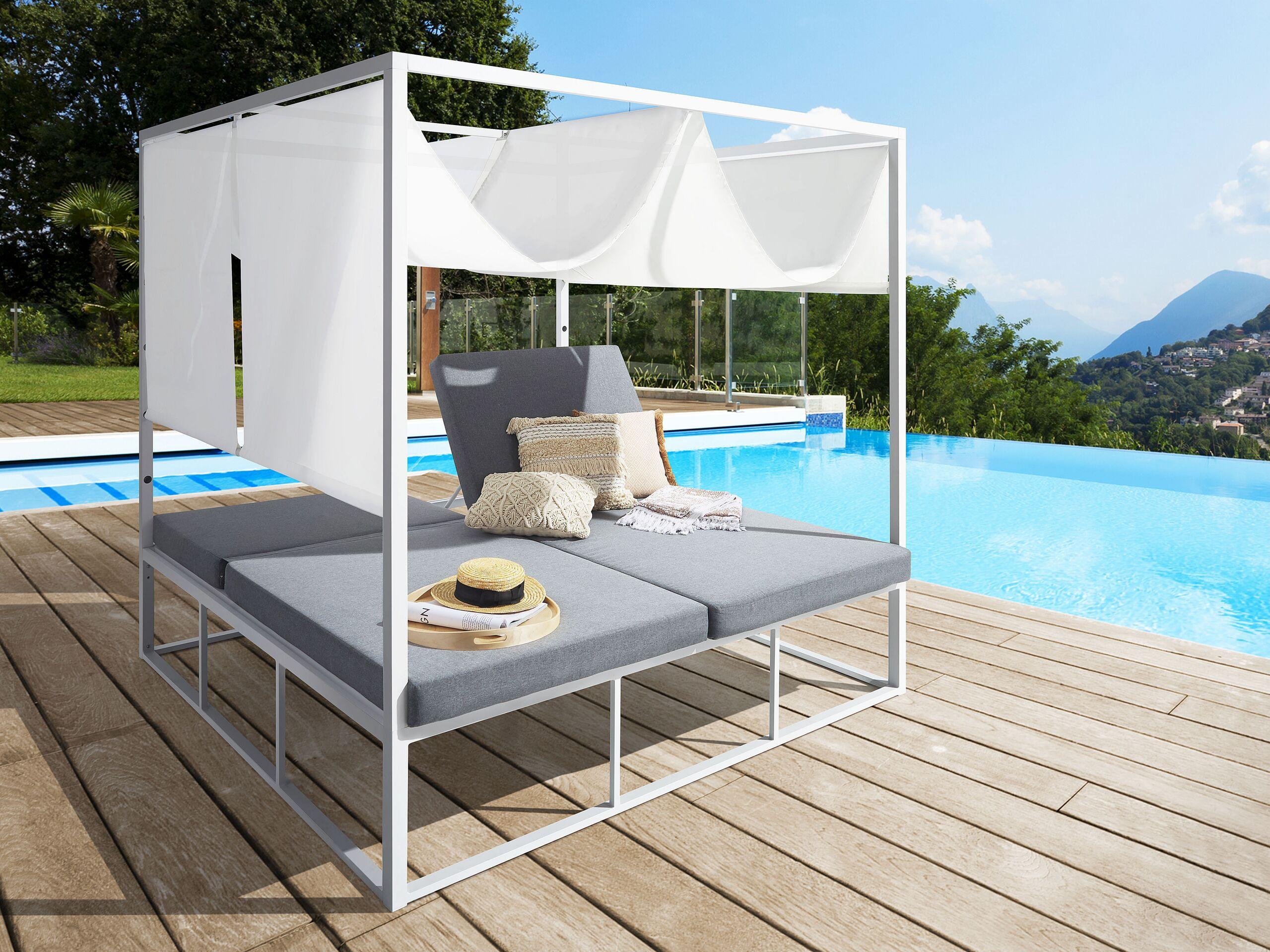 SONNENBETT mit Sonnendach Aluminium weiß Auflagen grau verstellbar PALLANZA Metall  Garten & Outdoor > Gartenmöbel > Gartenliegen Weiß