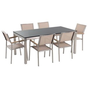 wohnli-moebel-suche-800000561508 Wohnli Möbelsuche - GARTENMÖBEL SET 6-Sitzer Naturstein schwarz poliert Textilbespannung beige Grosseto