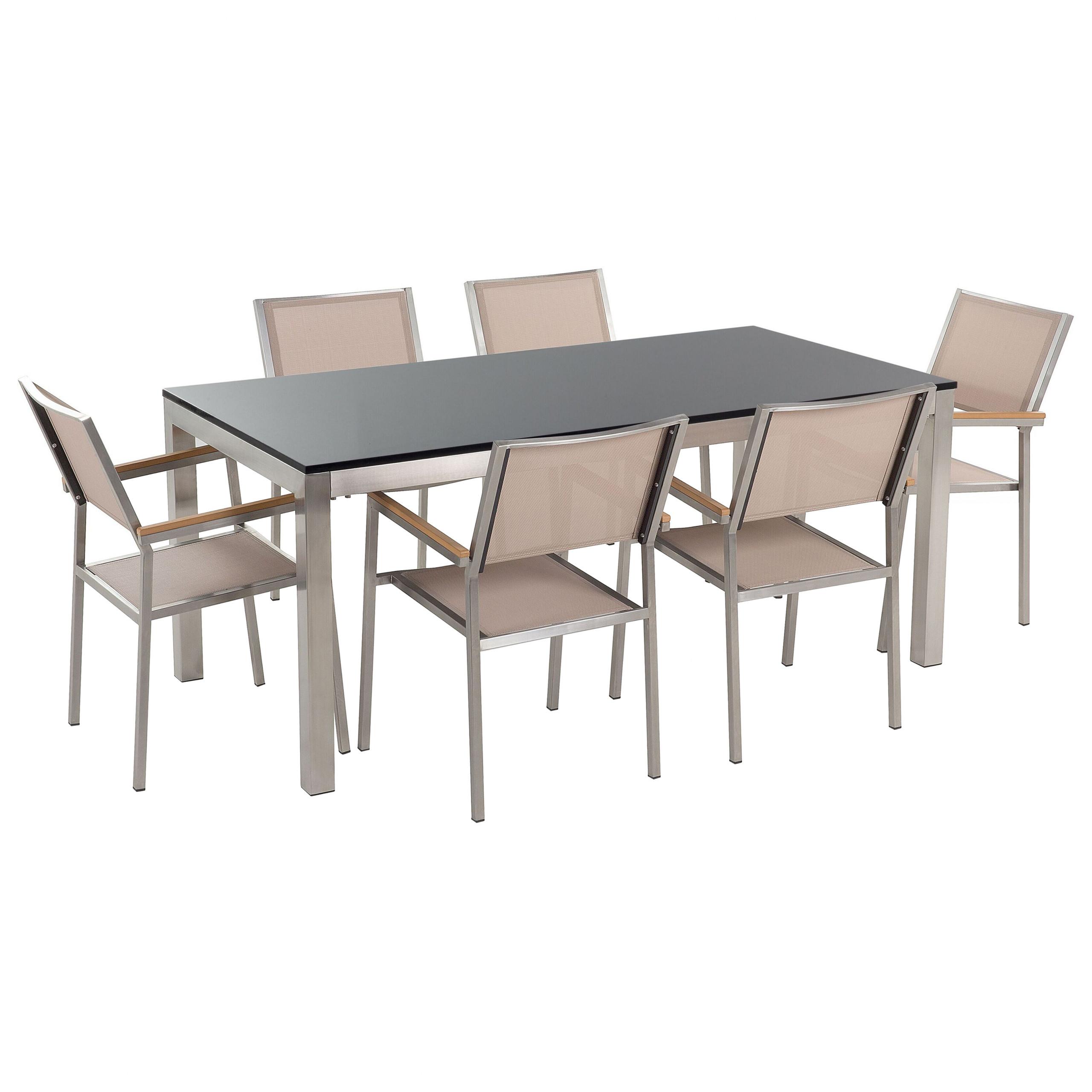 wohnli-moebel-suche-800000561508 Wohnli Möbelsuche - GARTENMÖBEL SET 6-Sitzer Naturstein schwarz poliert Textilbespannung beige Grosseto