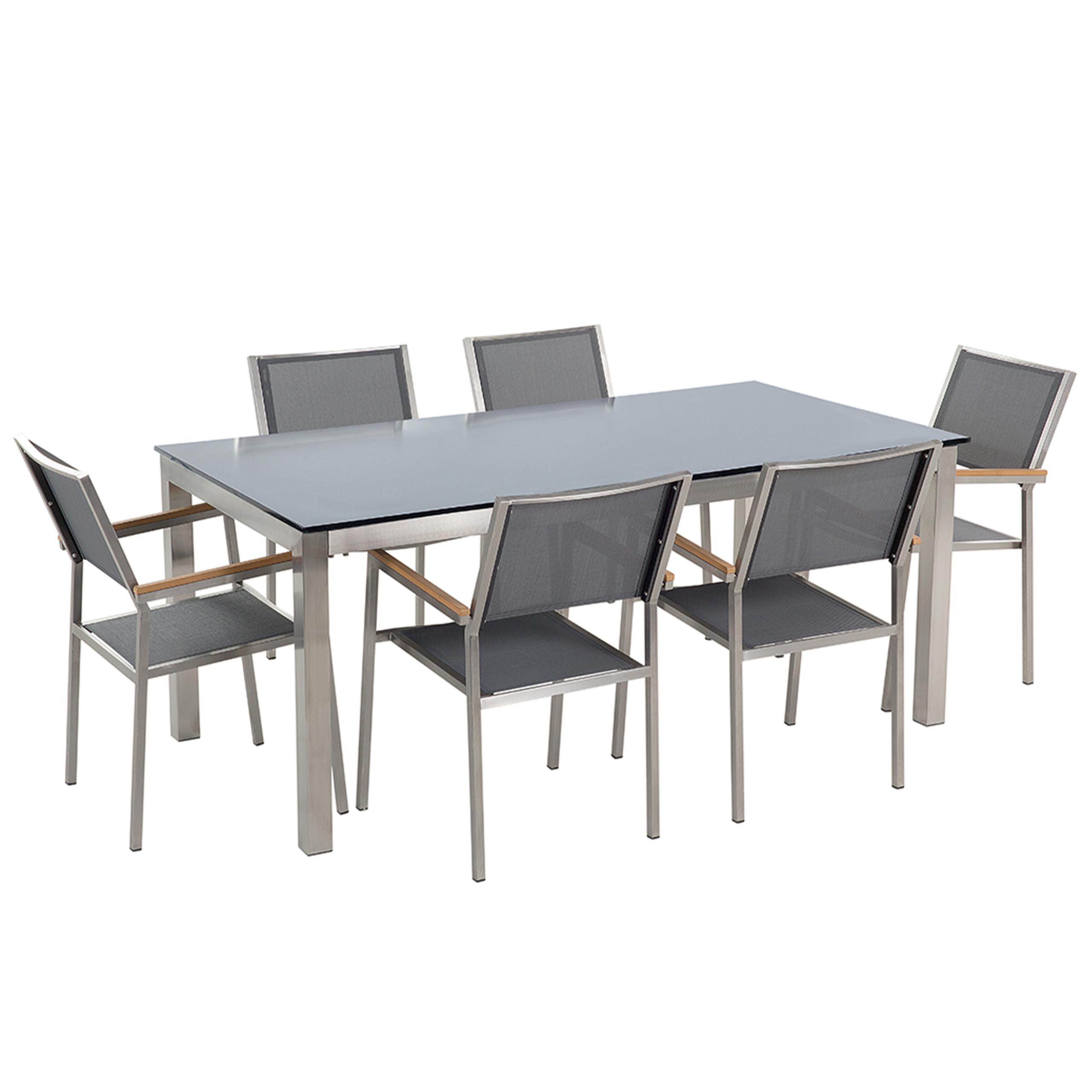 Wohnli Möbelsuche - GARTENMÖBEL SET 6-Sitzer Glasplatte schwarz Textilbespannung grau Grosseto
