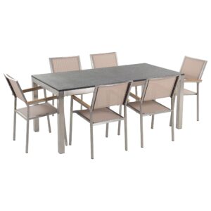 Wohnli Möbelsuche - GARTENMÖBEL SET 6-Sitzer Naturstein schwarz geflammt Textilbespannung beige Grosseto