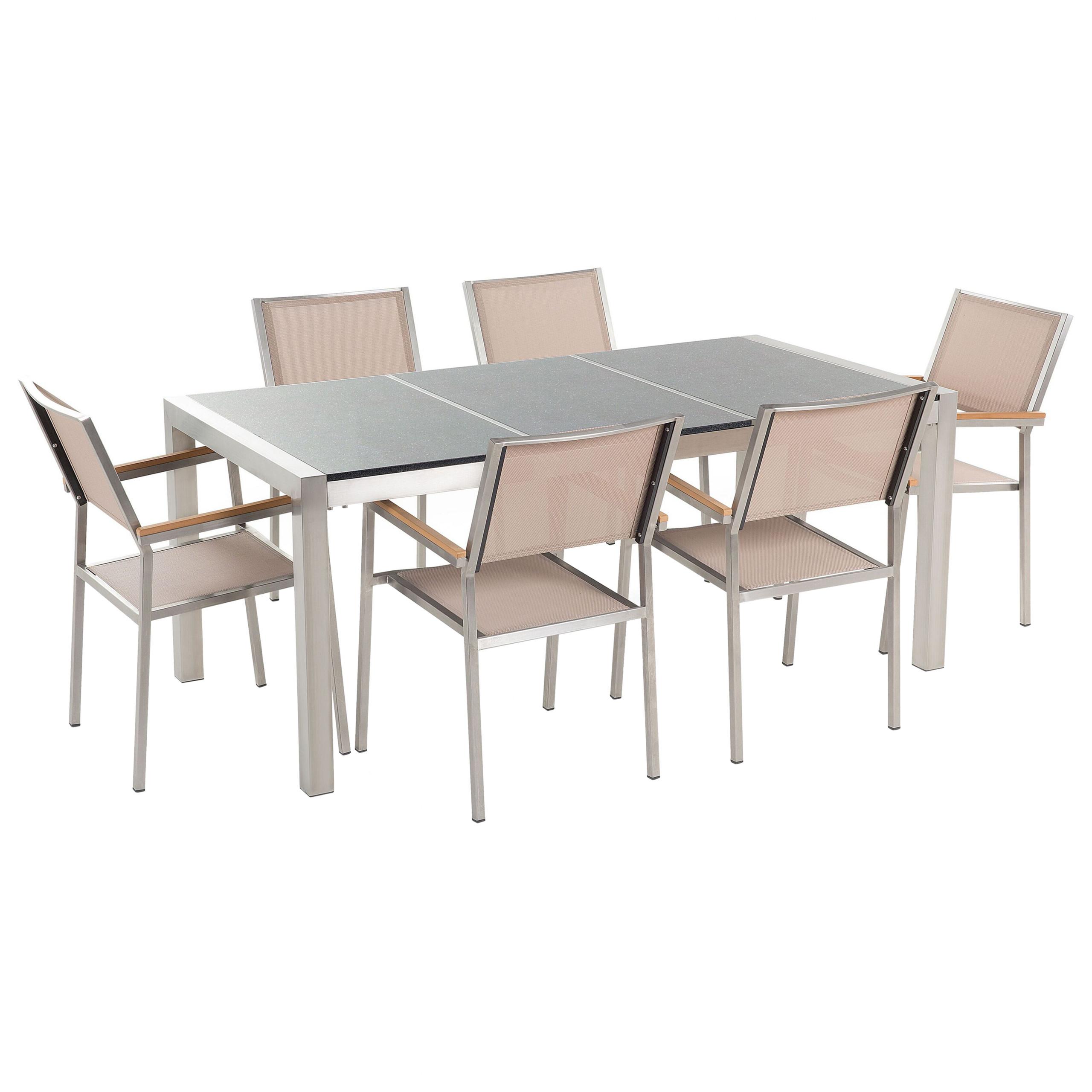 Wohnli Möbelsuche - GARTENMÖBEL SET 6-Sitzer Granit grau poliert Textilbespannung beige Grosseto