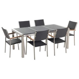 Wohnli Möbelsuche - GARTENMÖBEL SET 6-Sitzer Naturstein schwarz geflammt Rattan Grosseto