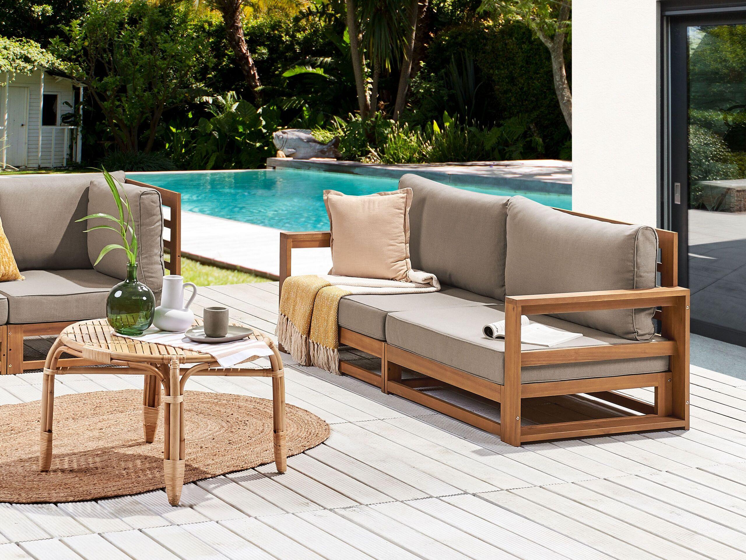GARTENSOFA 2-sitzer zertifiziertes Akazienholz hellbraun Auflagen taupe Timor Holz Beliani Garten & Outdoor > Gartenmöbel Braun