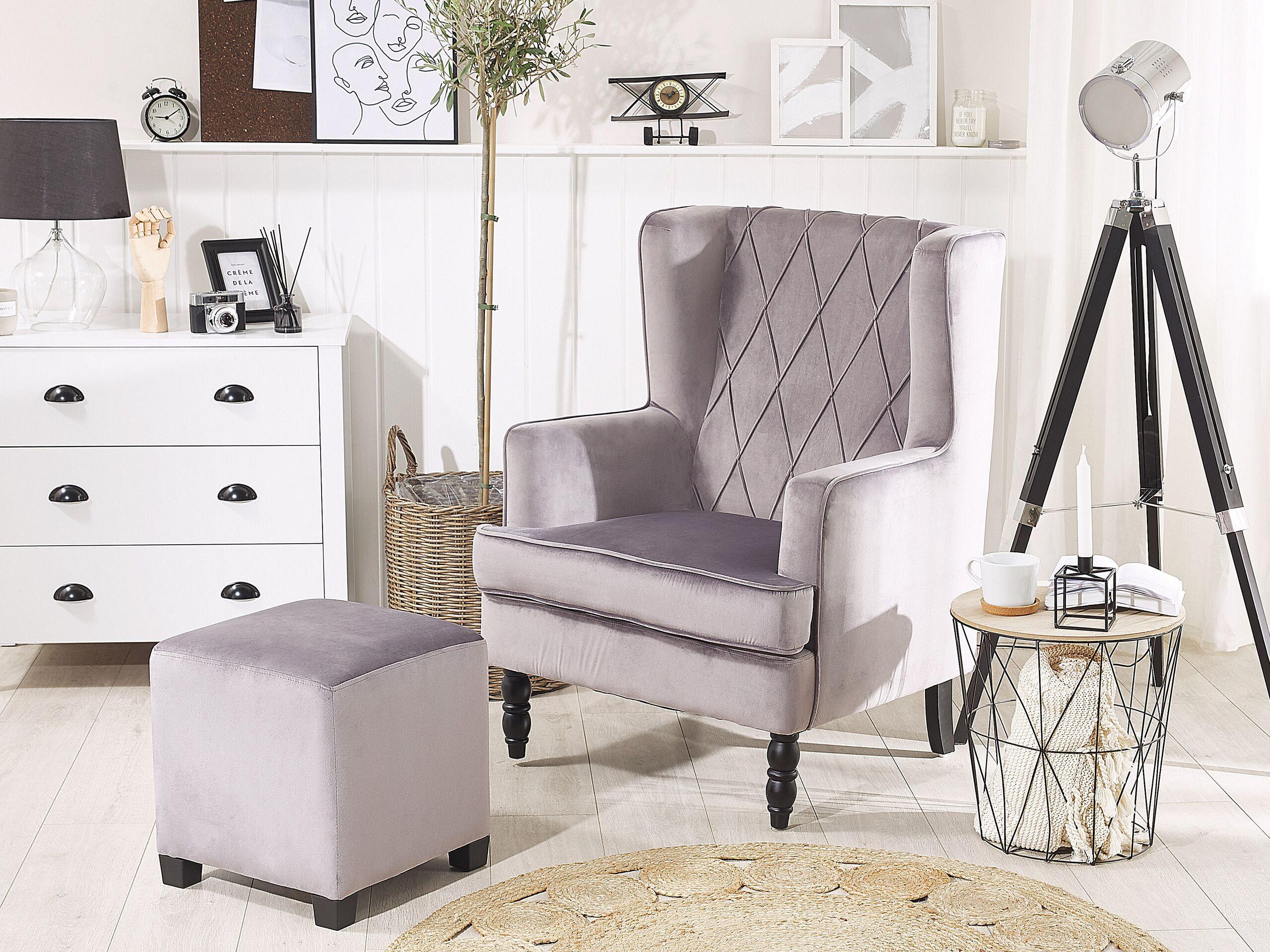 SESSEL Samtstoff grau plus Hocker Sandset Textil Beliani Möbel > Sessel > Polstersessel Grau