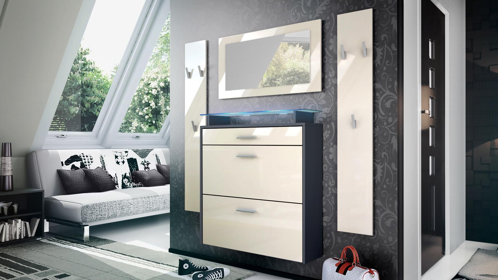GARDEROBE Malea Fronten in Creme Hochglanz Holzwerkstoff Vladon Garderoben Weiß