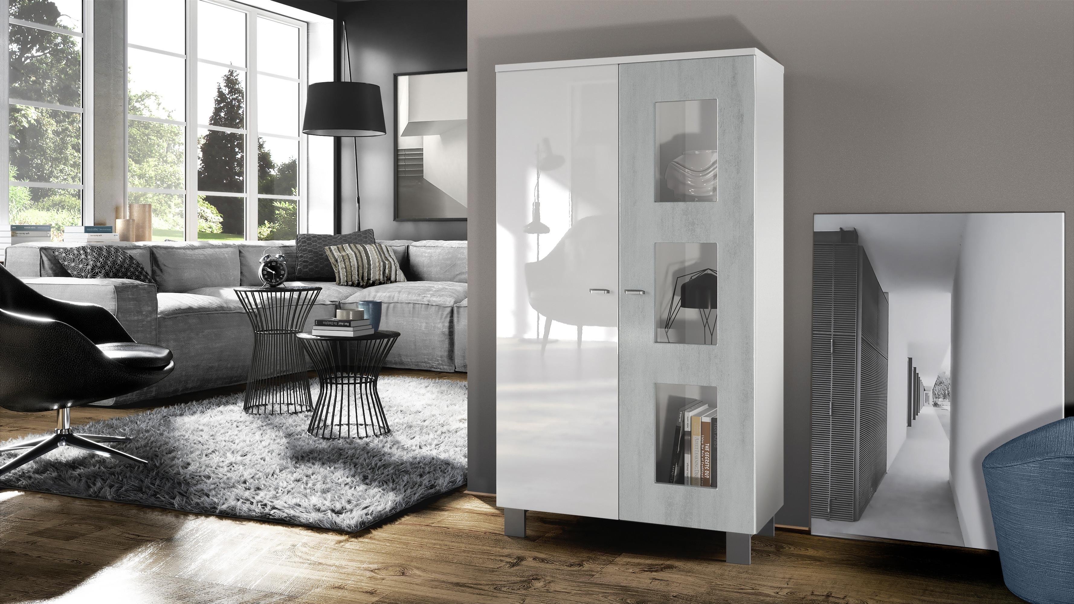 wohnli-moebel-suche-800000587463-1 VITRINE Denjo Tür in Beton Oxid Optik Holzwerkstoff Vladon Möbel > Schränke > Vitrinen Grau