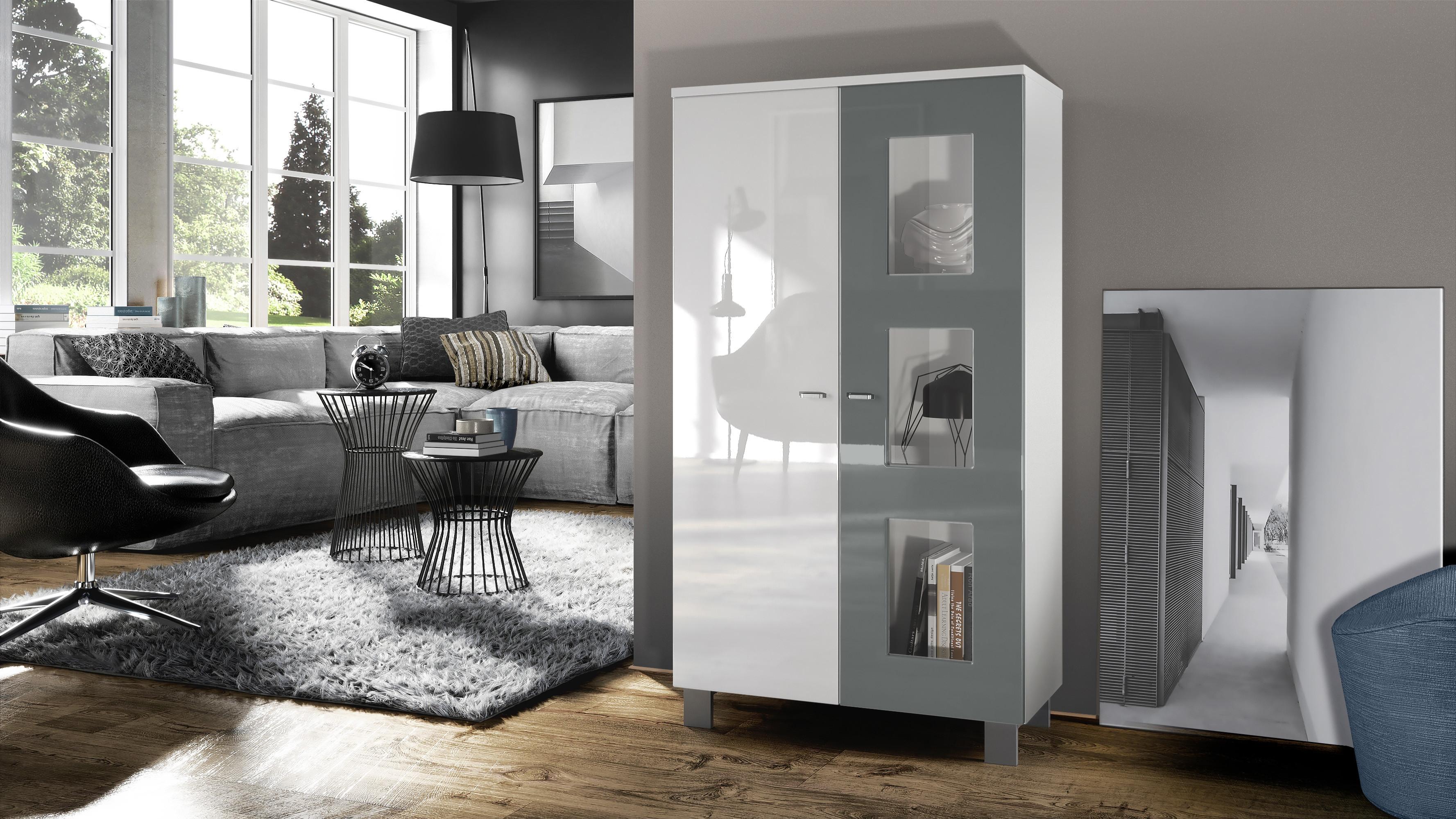 wohnli-moebel-suche-800000587513-1 VITRINE Denjo Tür in Grau Hochglanz Holzwerkstoff Vladon Möbel > Schränke > Vitrinen Grau