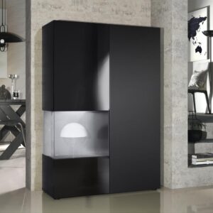 wohnli-moebel-suche-800000591118-1 VITRINE Morena Tür und Einsatz in Schwarz Matt Holzwerkstoff Vladon Möbel > Schränke > Vitrinen Schwarz