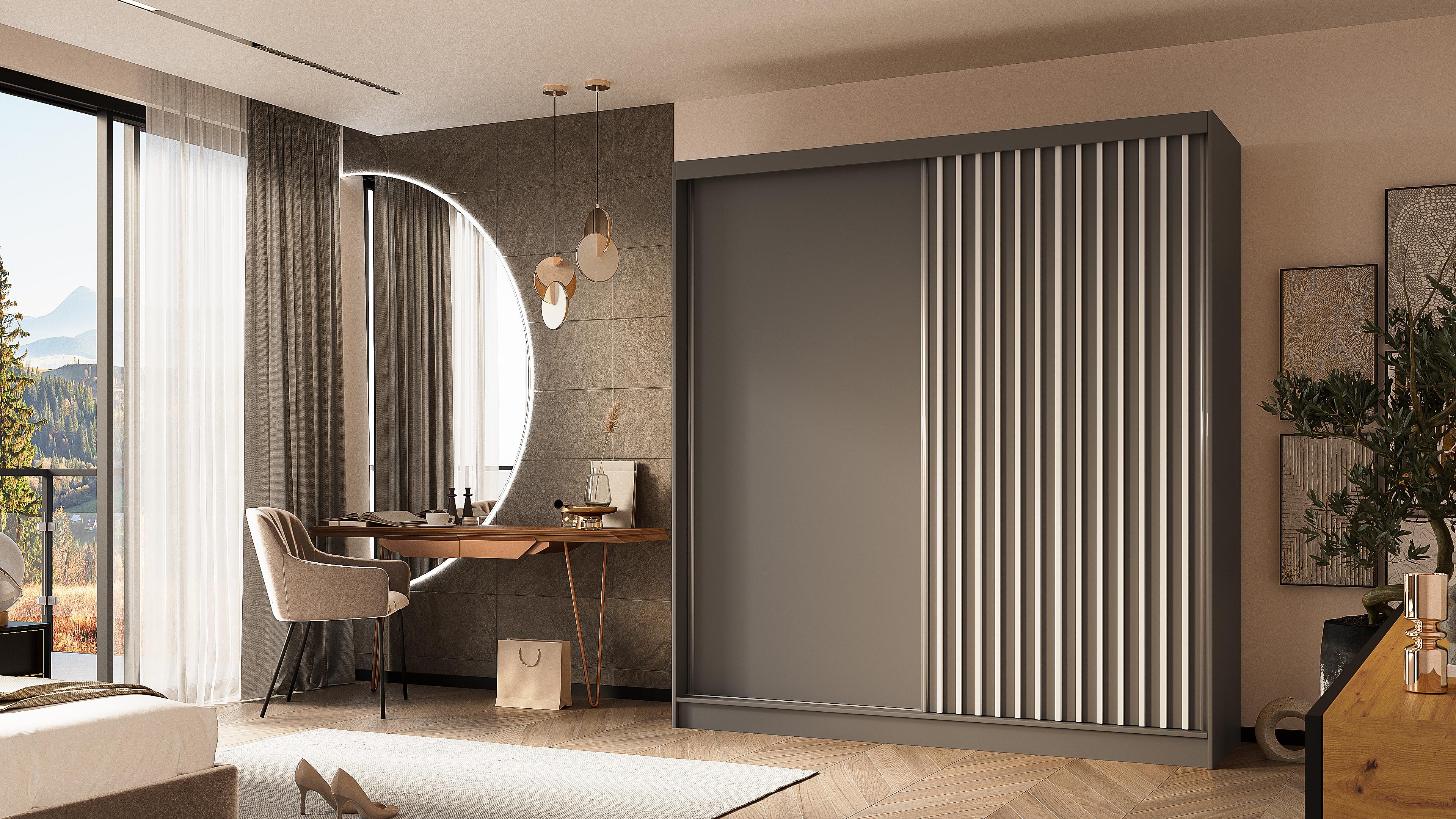 KLEIDERSCHRANK mit furnierten Schiebetüren und Aluminium-Leisten - LABELO - 200 cm Grau+Grau+Weiß Holzwerkstoff ALTDECOR Möbel > Schränke > Kleiderschränke Grau