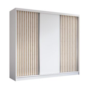 Wohnli Möbelsuche - KLEIDERSCHRANK mit furnierten Schiebetüren und Aluminium-Leisten - LABELO - 240 cm Weiß+Weiß+Artisan