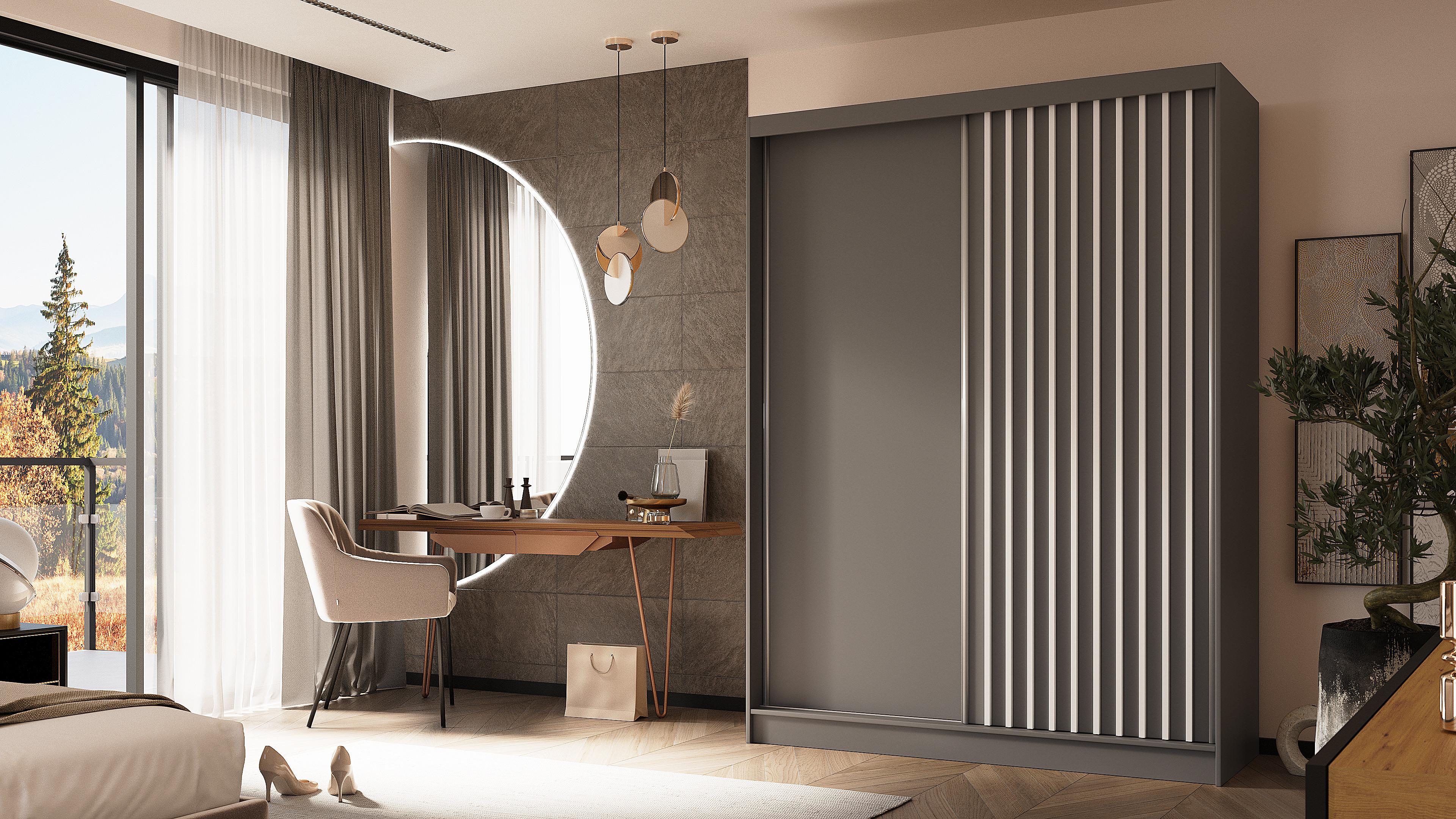 KLEIDERSCHRANK mit furnierten Schiebetüren und Aluminium-Leisten - LABELO - 160 cm Grau+Grau+Weiß Holzwerkstoff ALTDECOR Möbel > Schränke > Kleiderschränke Grau