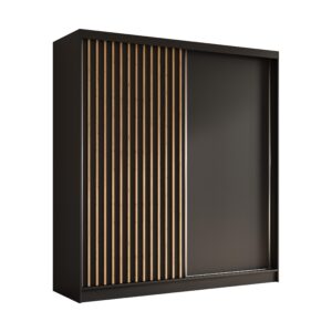 Wohnli Möbelsuche - KLEIDERSCHRANK mit furnierten Schiebetüren und Aluminium-Leisten - LABELO - 200 cm Schwarz+Schwarz+Artisan