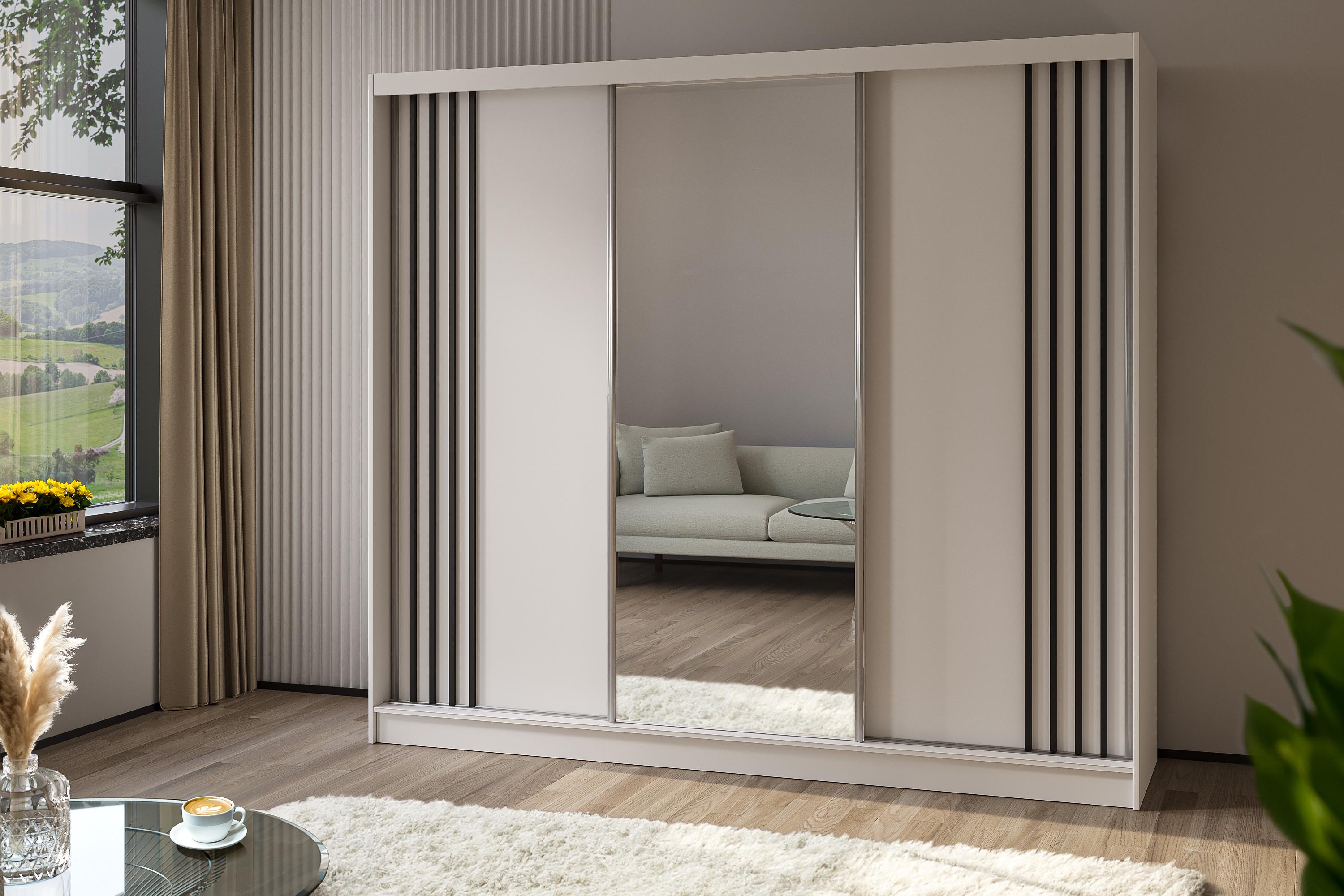 KLEIDERSCHRANK mit Spiegel-Schiebetüren und Aluminium-Leisten - NALLA - 240 cm Weiß+Weiß+Schwarz Holzwerkstoff ALTDECOR Möbel > Schränke > Kleiderschränke Weiß