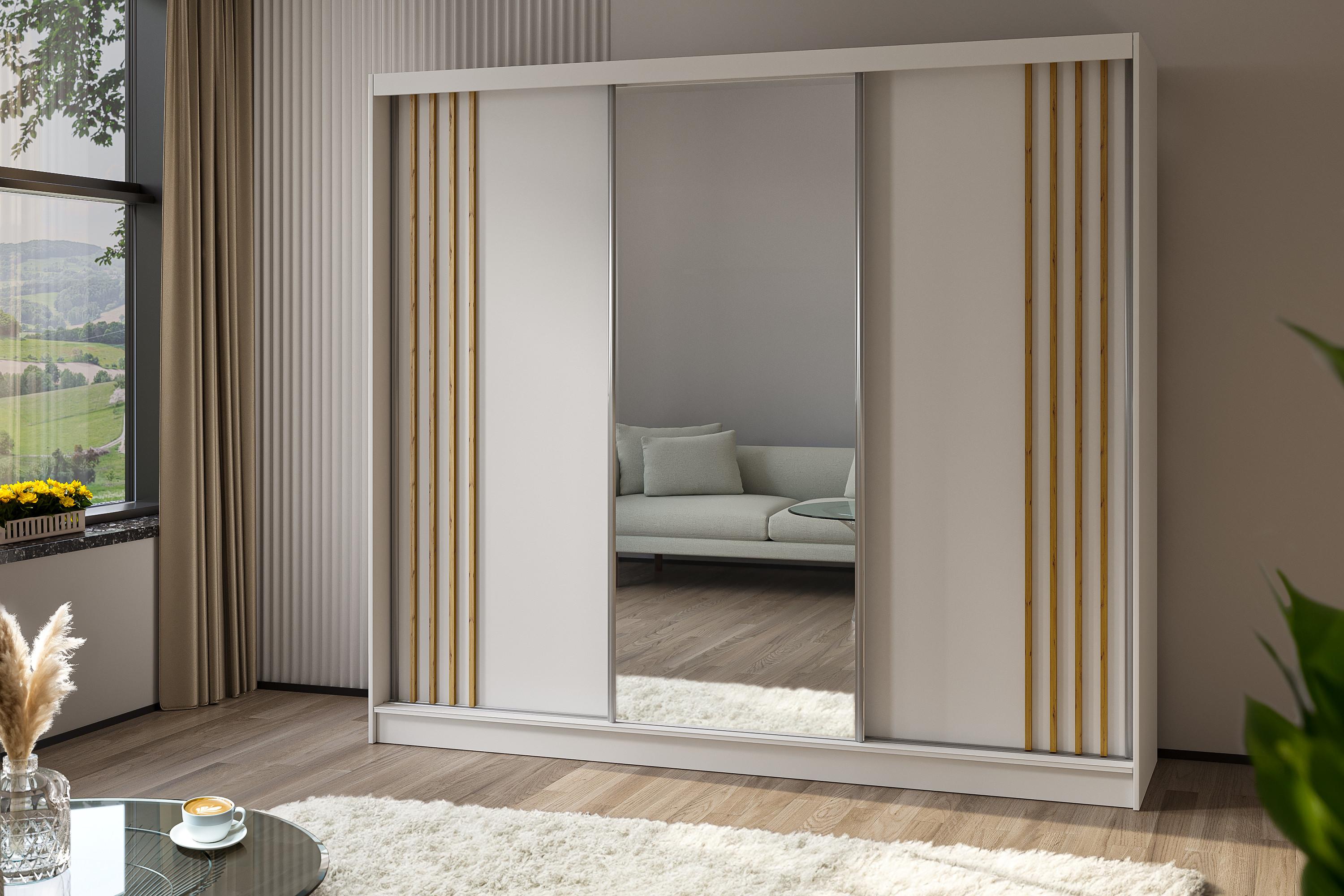 KLEIDERSCHRANK mit Spiegel-Schiebetüren und Aluminium-Leisten - NALLA - 240 cm Weiß+Weiß+Artisan Holzwerkstoff ALTDECOR Möbel > Schränke > Kleiderschränke Weiß