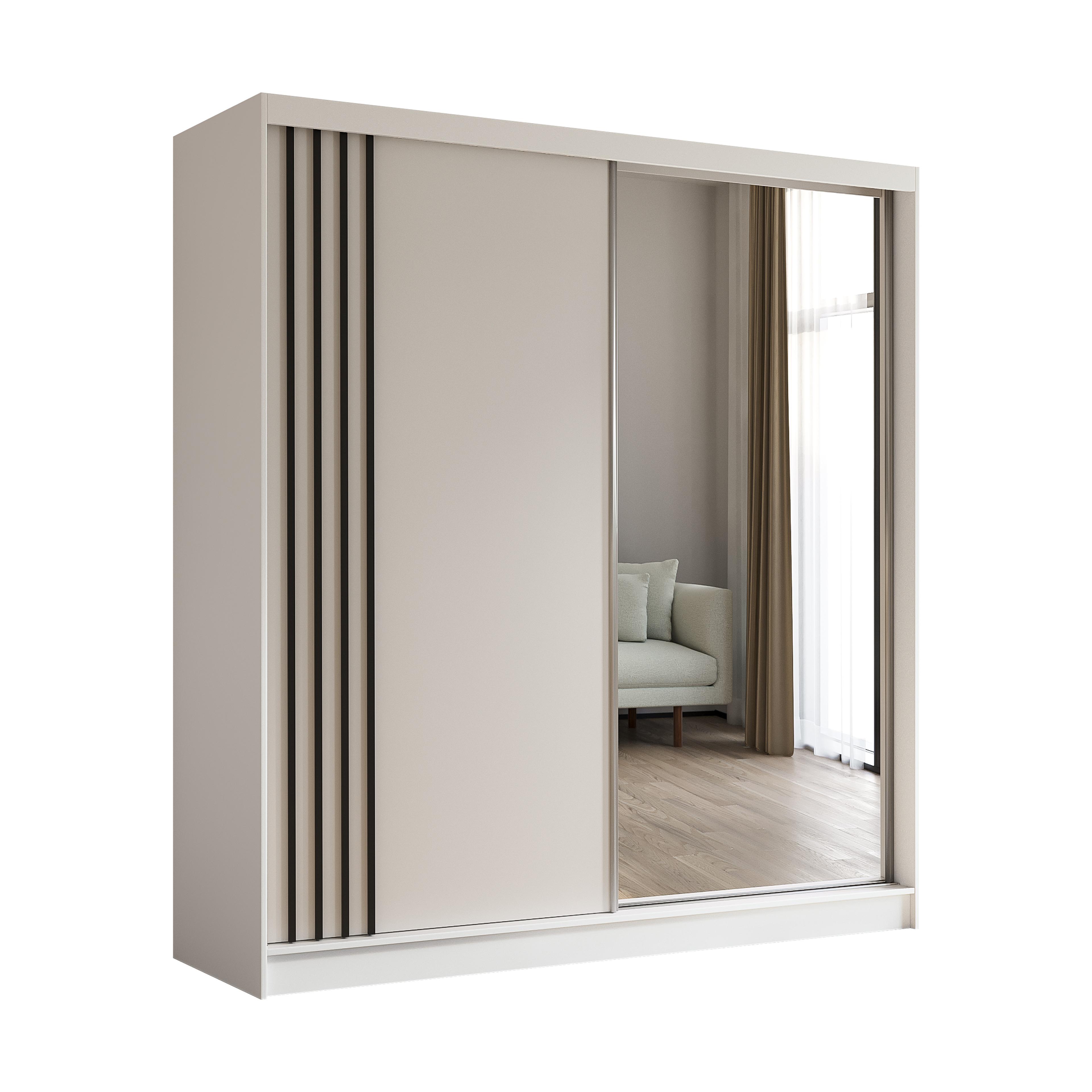 Wohnli Möbelsuche - KLEIDERSCHRANK mit Spiegel-Schiebetüren und Aluminium-Leisten - NALLA - 200 cm Weiß+Weiß+Schwarz
