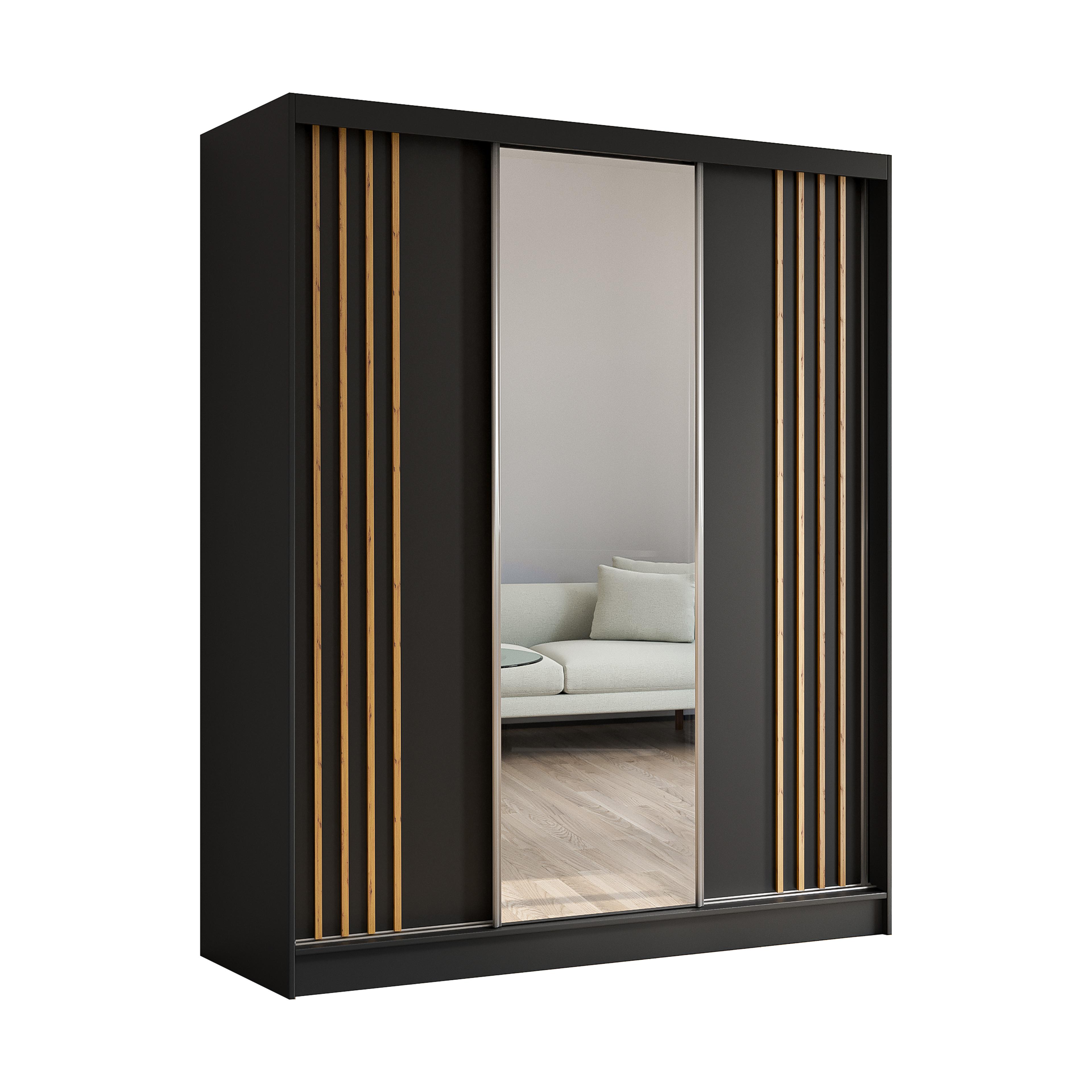 Wohnli Möbelsuche - KLEIDERSCHRANK mit Spiegel-Schiebetüren und Aluminium-Leisten - NALLA - 180 cm Schwarz+Schwarz+Artisan