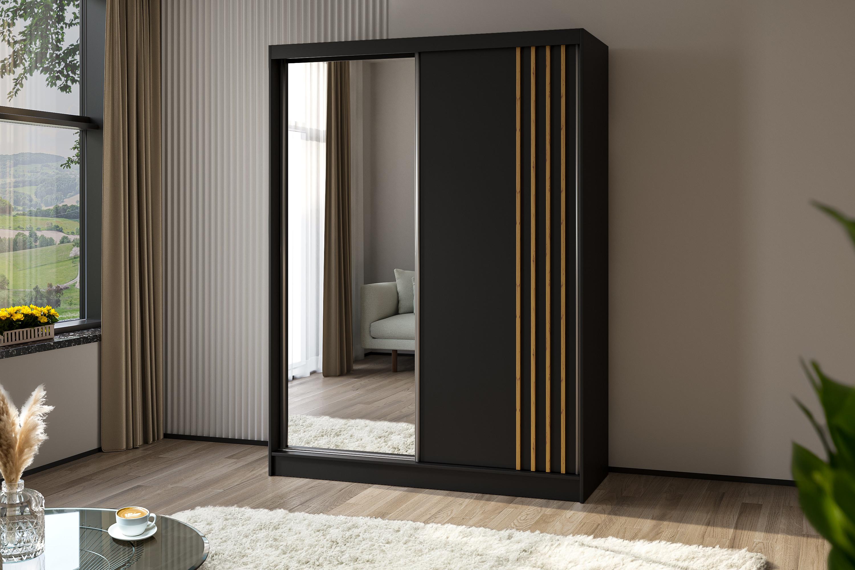 KLEIDERSCHRANK mit Spiegel-Schiebetüren und Aluminium-Leisten - NALLA - 160 cm Schwarz+Schwarz+Artisan Holzwerkstoff ALTDECOR Möbel > Schränke > Kleiderschränke Anthrazit