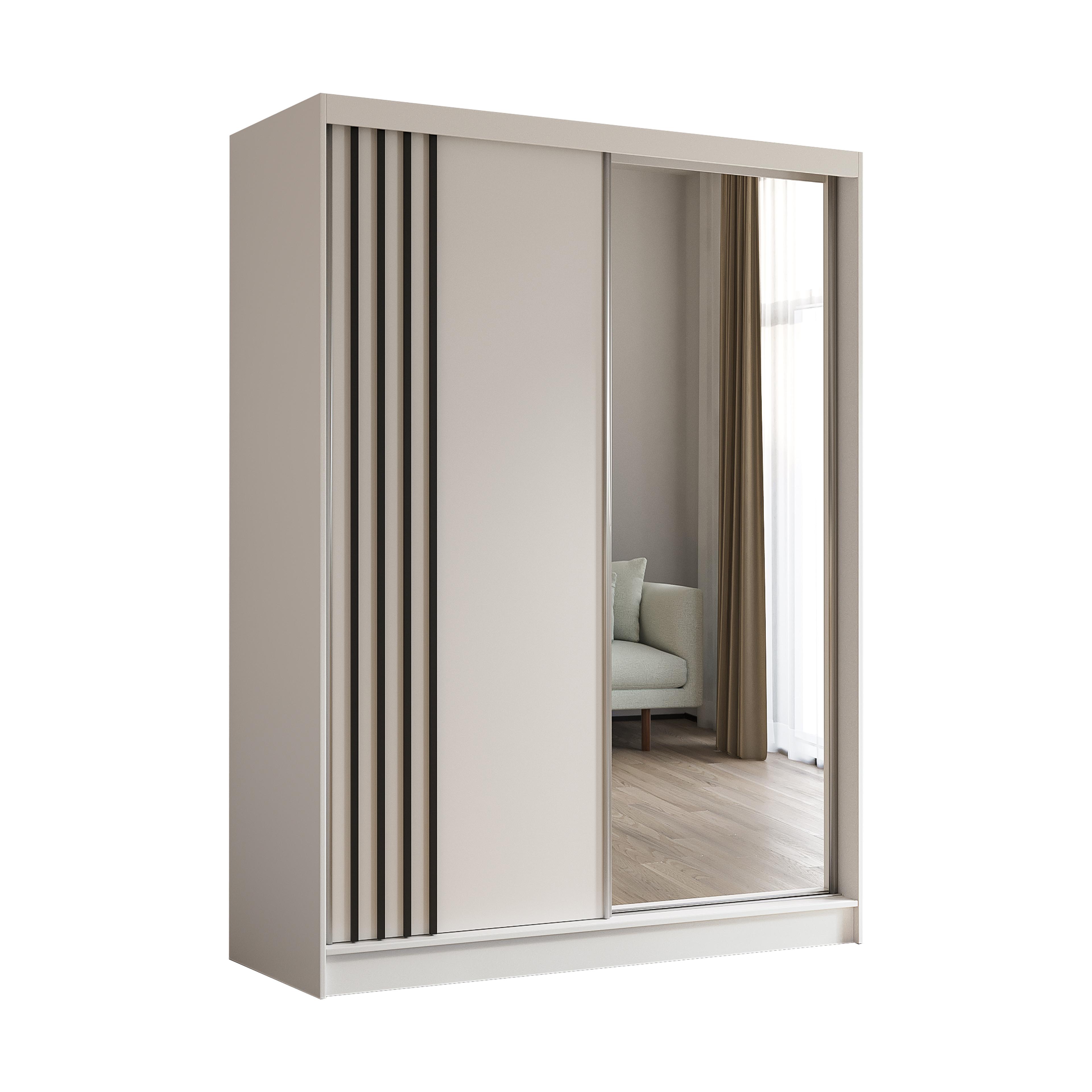 Wohnli Möbelsuche - KLEIDERSCHRANK mit Spiegel-Schiebetüren und Aluminium-Leisten - NALLA - 160 cm Weiß+Weiß+Schwarz
