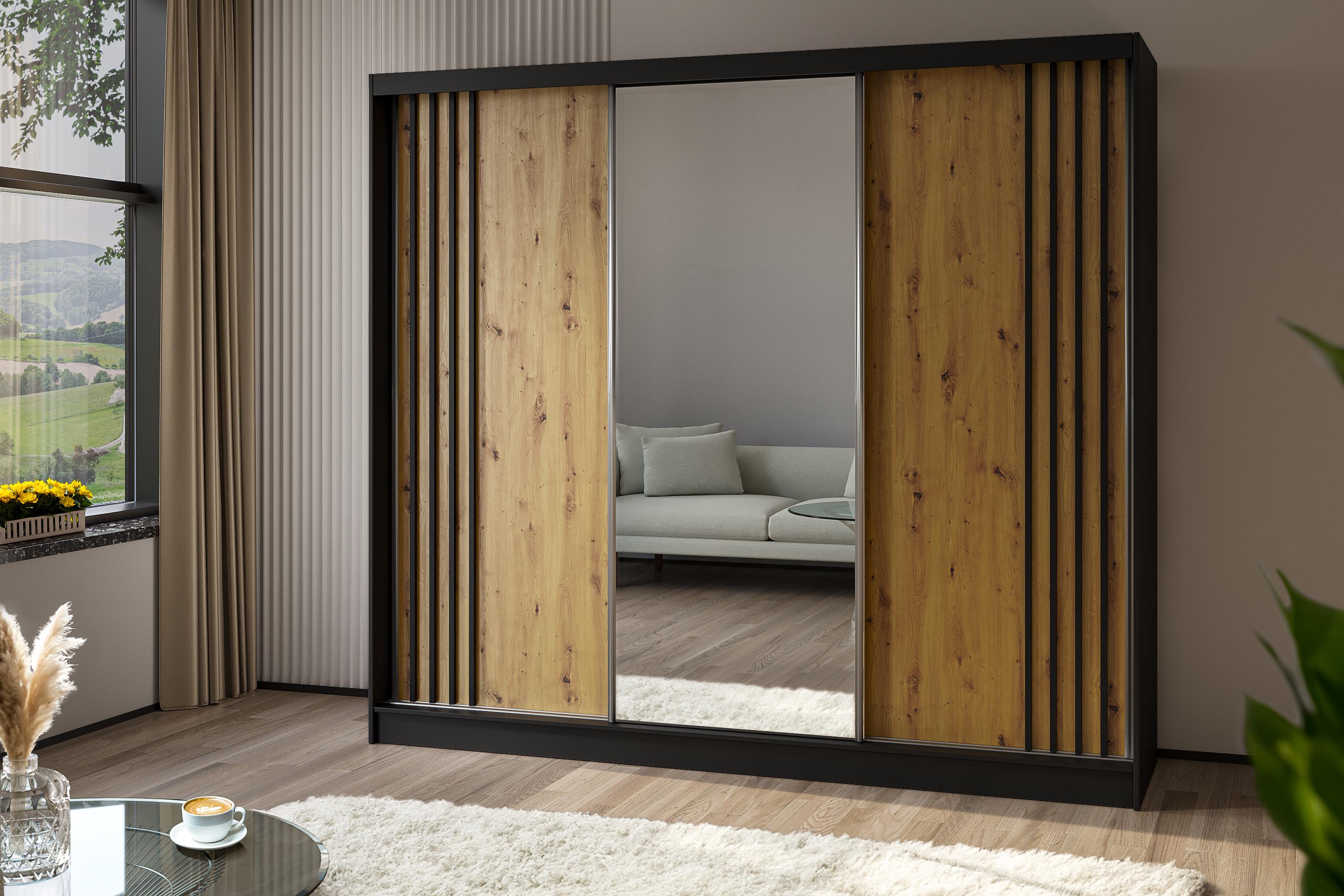 KLEIDERSCHRANK mit Spiegel-Schiebetüren und Aluminium-Leisten - NALLA - 240 cm Schwarz+Artisan+Schwarz Holzwerkstoff ALTDECOR Möbel > Schränke > Kleiderschränke Schwarz