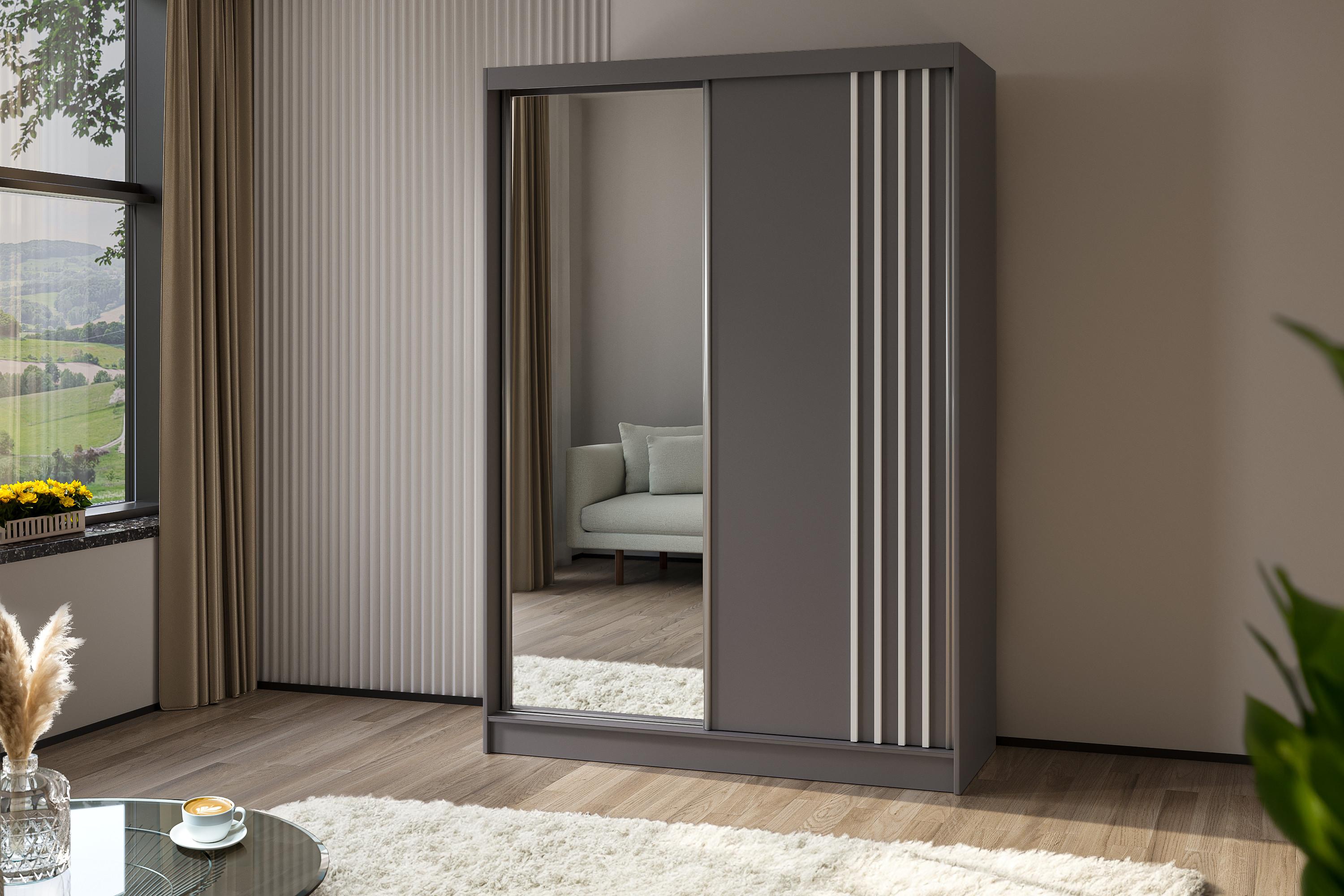 KLEIDERSCHRANK mit Spiegel-Schiebetüren und Aluminium-Leisten - NALLA - 150 cm Grau+Grau+Weiß Holzwerkstoff ALTDECOR Möbel > Schränke > Kleiderschränke Grau