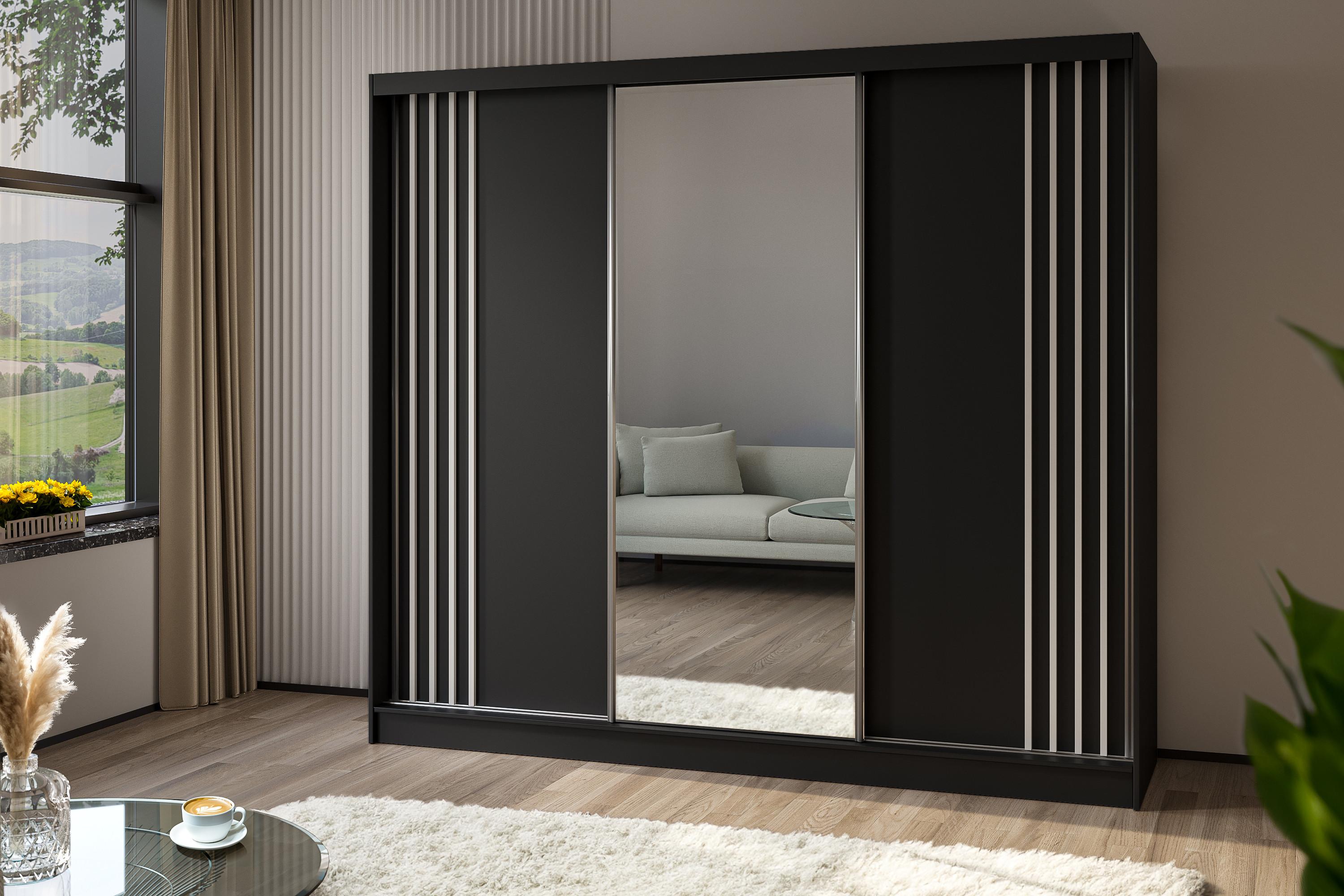KLEIDERSCHRANK mit Spiegel-Schiebetüren und Aluminium-Leisten - NALLA - 240 cm Schwarz+Schwarz+Weiß Holzwerkstoff ALTDECOR Möbel > Schränke > Kleiderschränke Schwarz