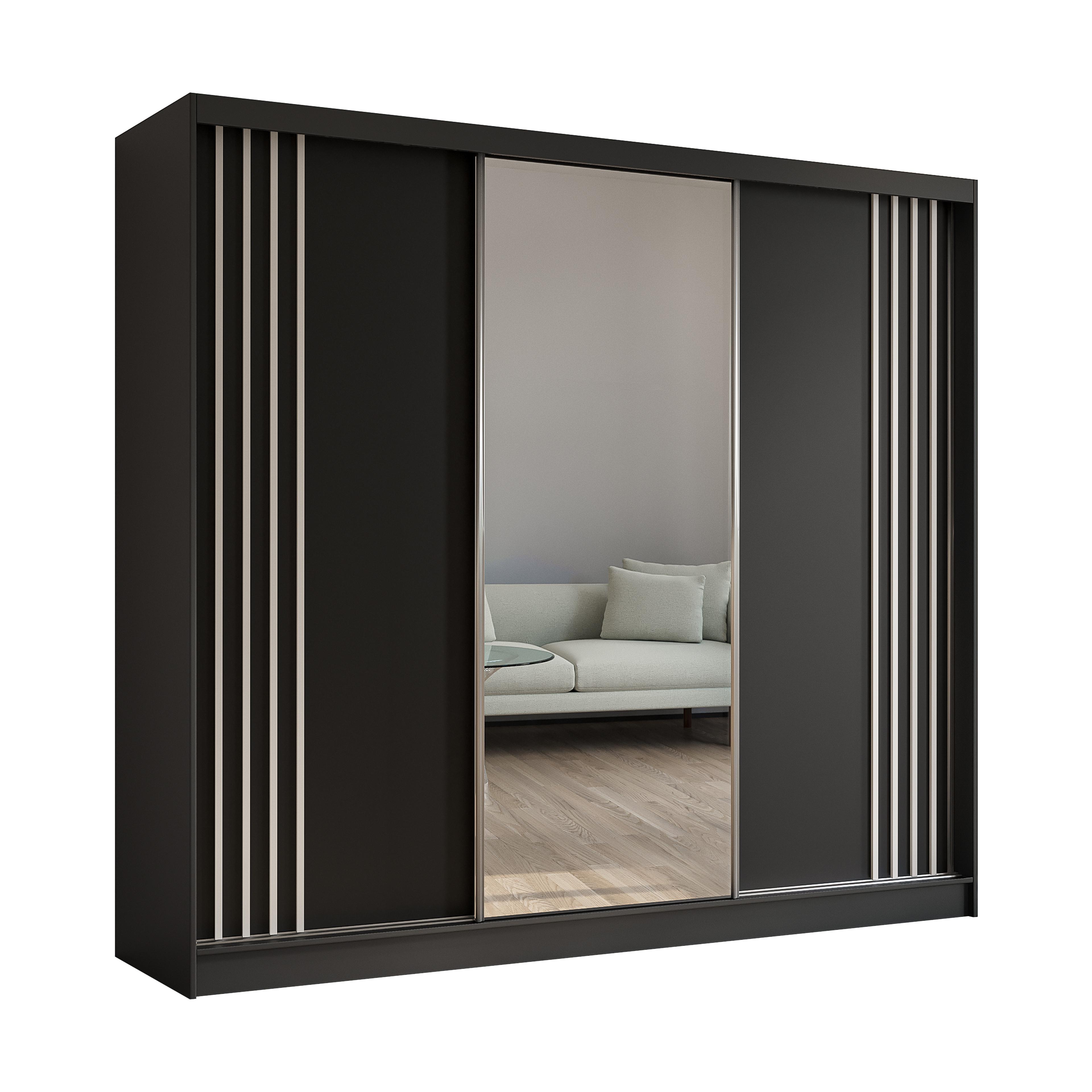 Wohnli Möbelsuche - KLEIDERSCHRANK mit Spiegel-Schiebetüren und Aluminium-Leisten - NALLA - 240 cm Schwarz+Schwarz+Weiß