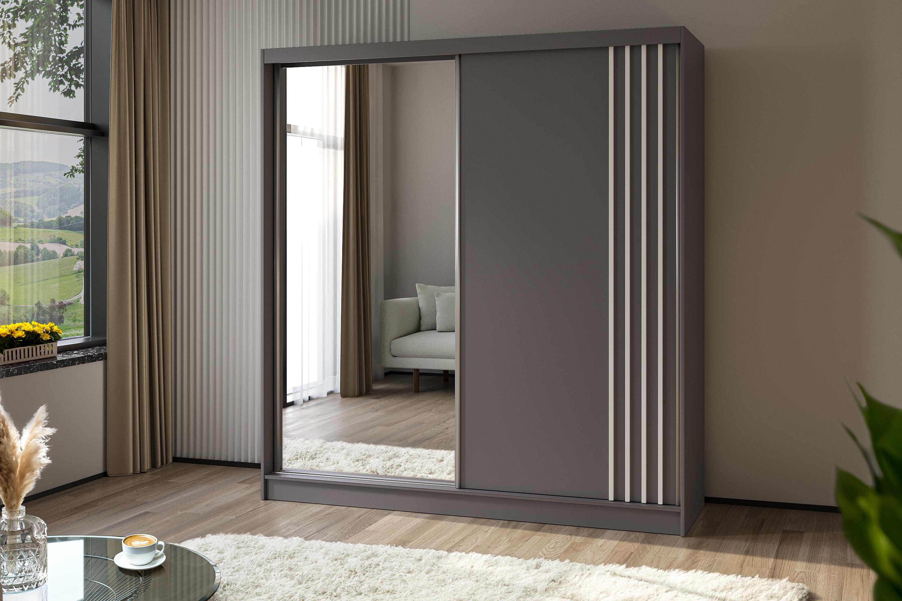 KLEIDERSCHRANK mit Spiegel-Schiebetüren und Aluminium-Leisten - NALLA - 200 cm Grau+Grau+Weiß Holzwerkstoff ALTDECOR Möbel > Schränke > Kleiderschränke Grau