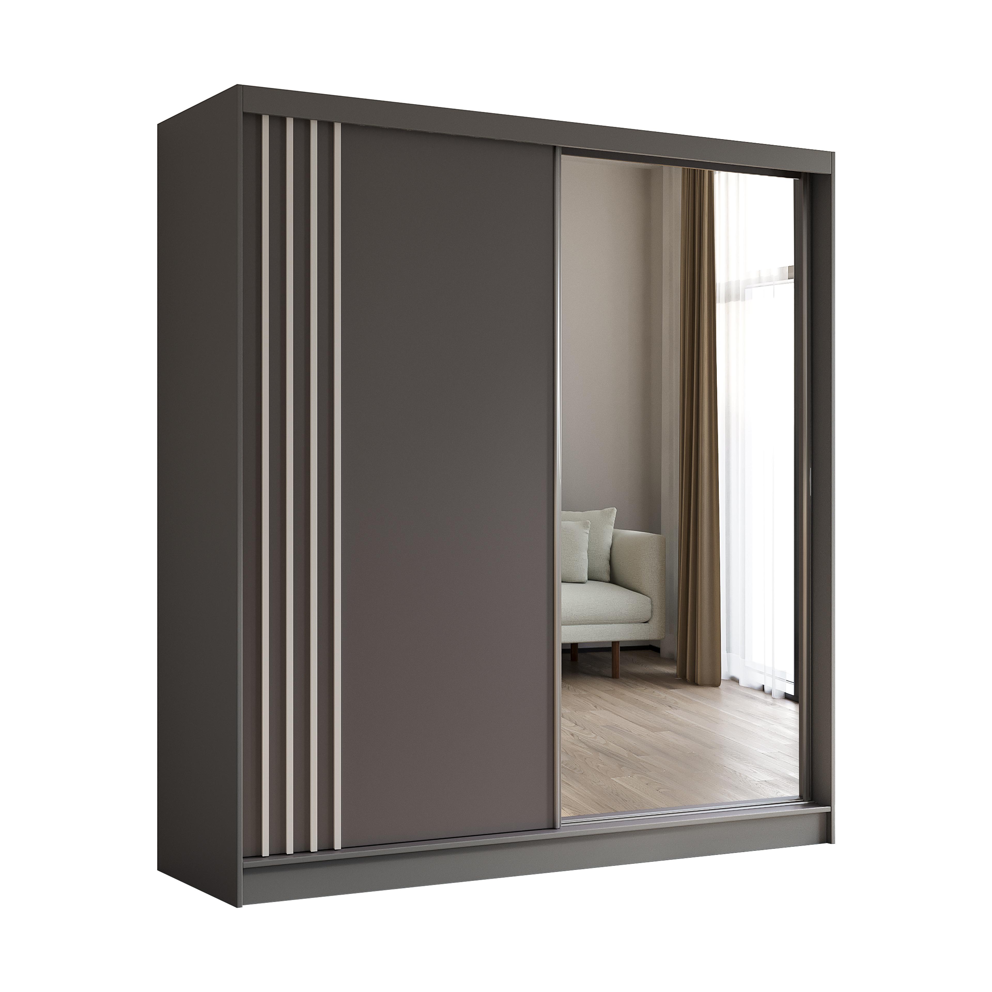 Wohnli Möbelsuche - KLEIDERSCHRANK mit Spiegel-Schiebetüren und Aluminium-Leisten - NALLA - 200 cm Grau+Grau+Weiß