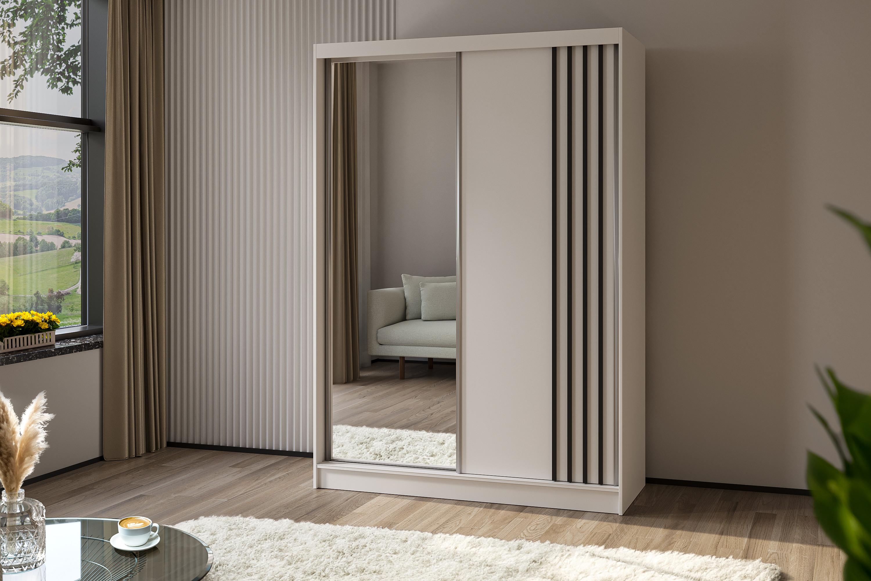 KLEIDERSCHRANK mit Spiegel-Schiebetüren und Aluminium-Leisten - NALLA - 150 cm Weiß+Weiß+Schwarz Holzwerkstoff ALTDECOR Möbel > Schränke > Kleiderschränke Weiß