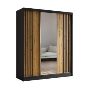 wohnli-moebel-suche-800000607603 Wohnli Möbelsuche - KLEIDERSCHRANK mit Spiegel-Schiebetüren und Aluminium-Leisten - NALLA - 180 cm Schwarz+Artisan+Schwarz