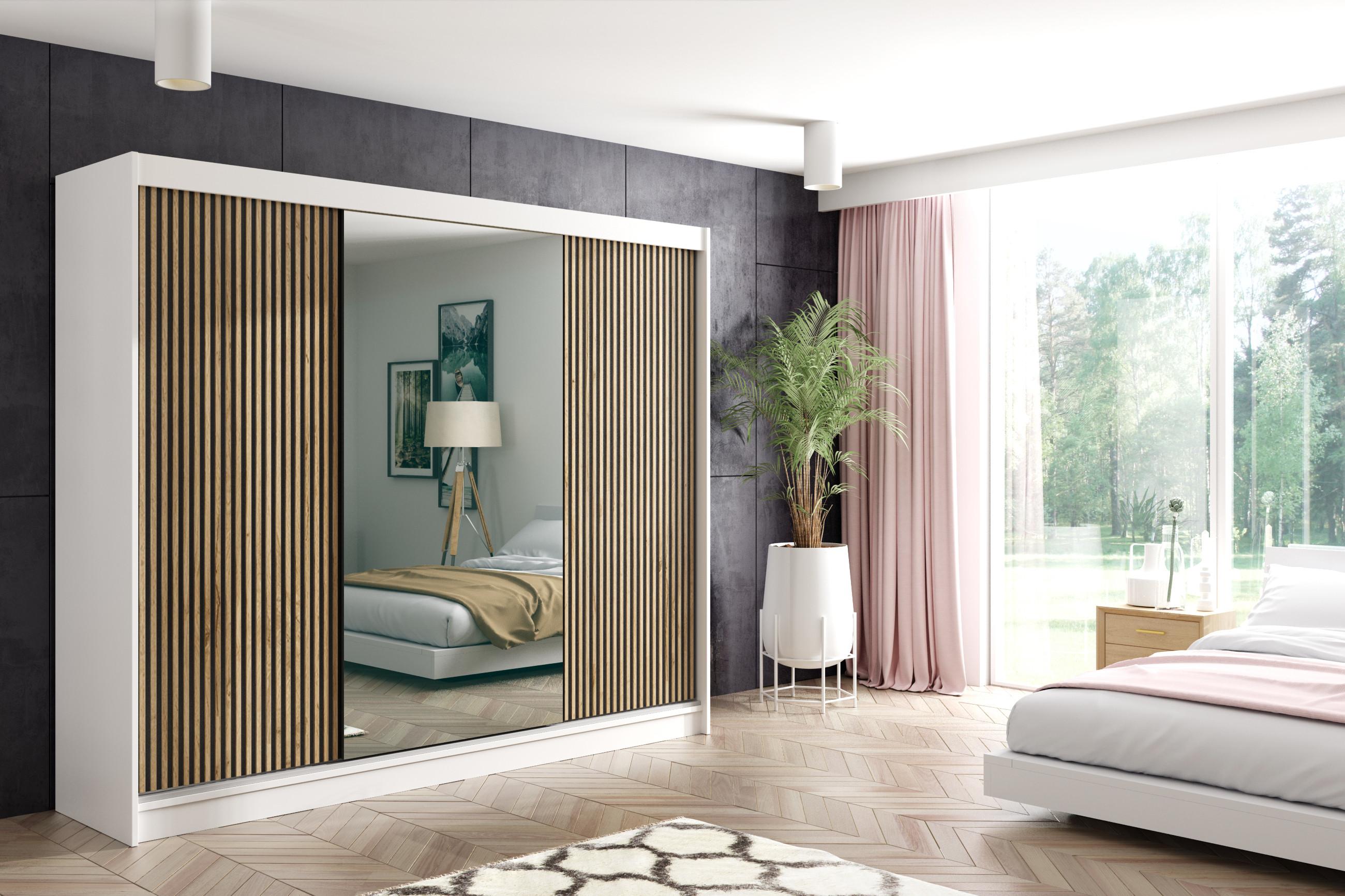 KLEIDERSCHRANK VILAN mit Spiegel - 250 cm - Weiß|Eiche Wotan Holzwerkstoff ALTDECOR Möbel > Schränke > Kleiderschränke Weiß