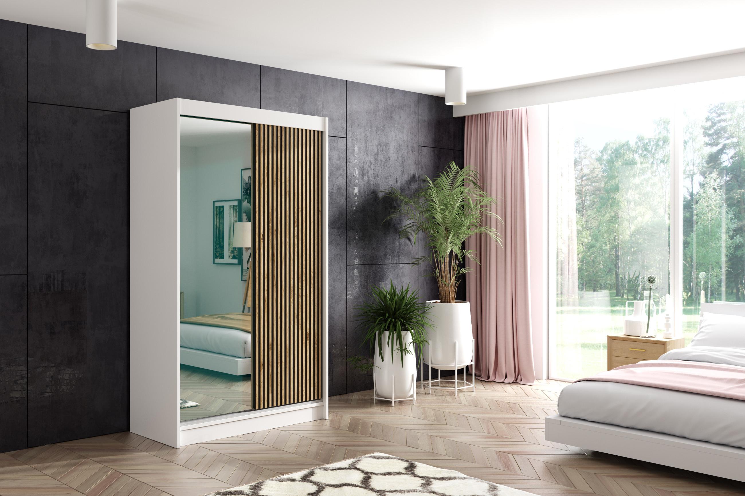 KLEIDERSCHRANK VILAN mit Spiegel - 120 cm - Weiß|Eiche Wotan Holzwerkstoff ALTDECOR Möbel > Schränke > Kleiderschränke Weiß