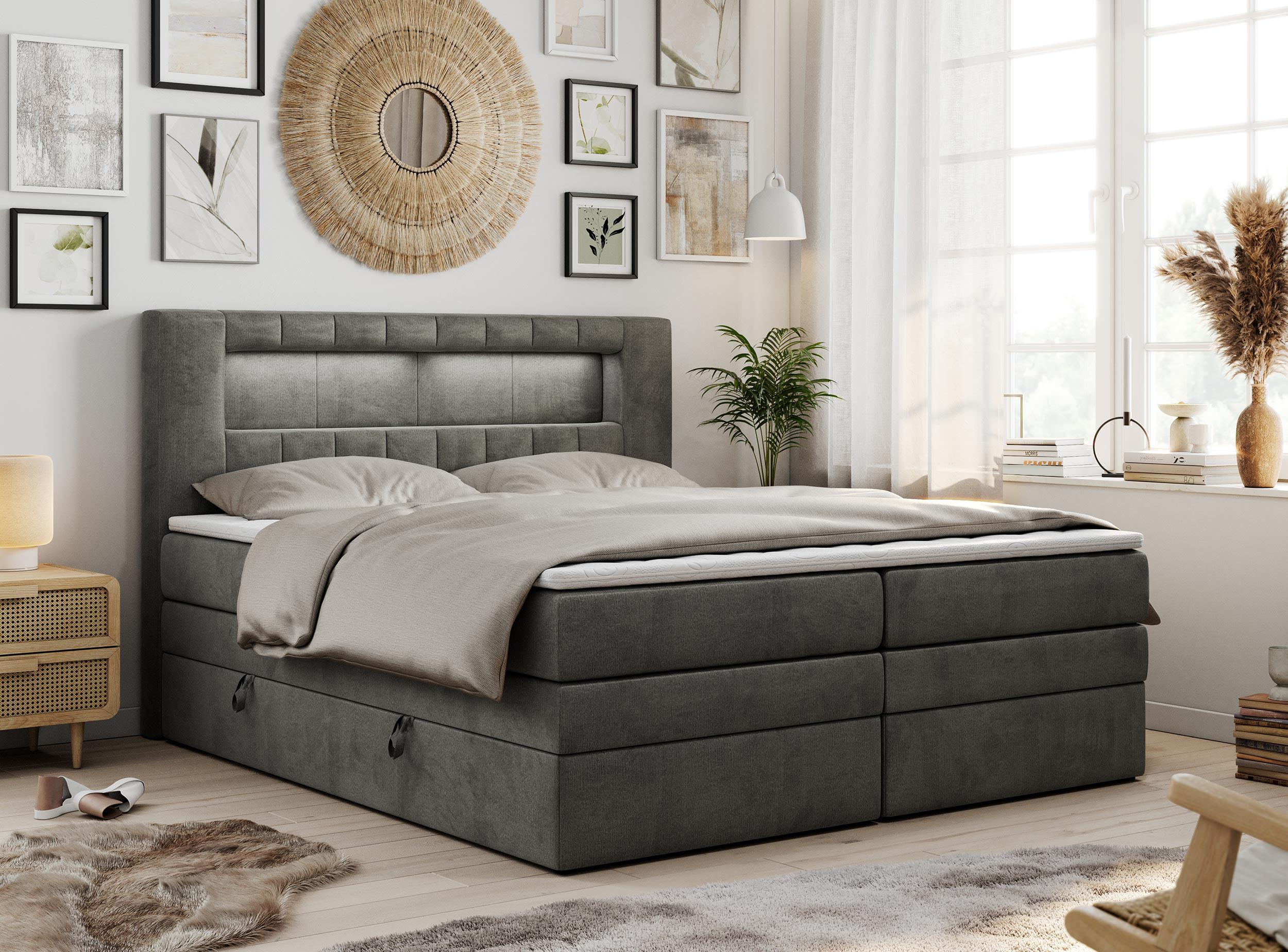 wohnli-moebel-suche-800000631454-1 BOXSPRINGBETT GOLD-5 KING LED 180/200 Dunkelgrau Velvet - H3 Textil MKS Möbel > Betten > Boxspringbetten Grau