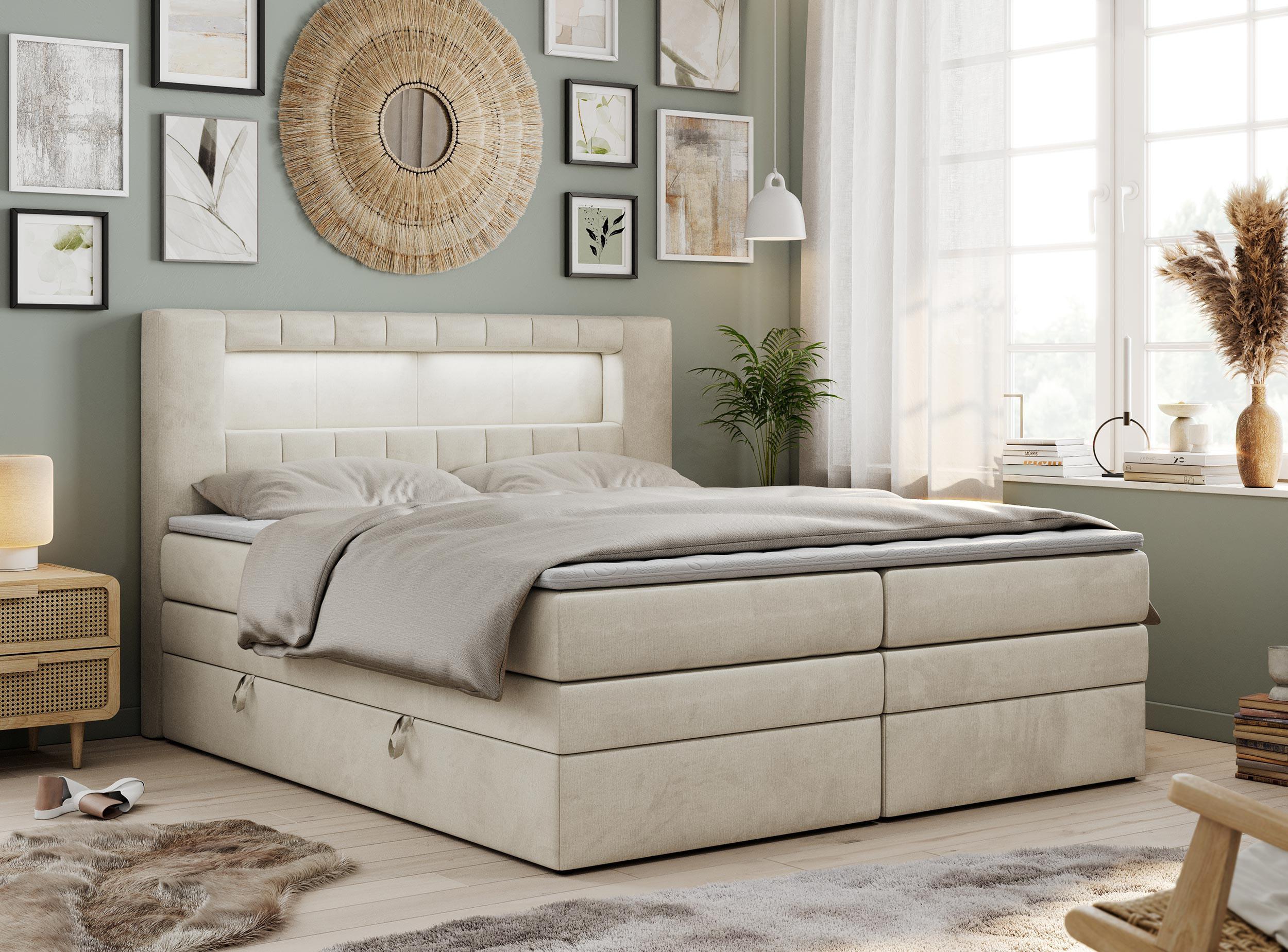 BOXSPRINGBETT GOLD-5 KING LED 200/200 Beige Velvet - H3 Textil MKS Möbel > Betten > Boxspringbetten Beige