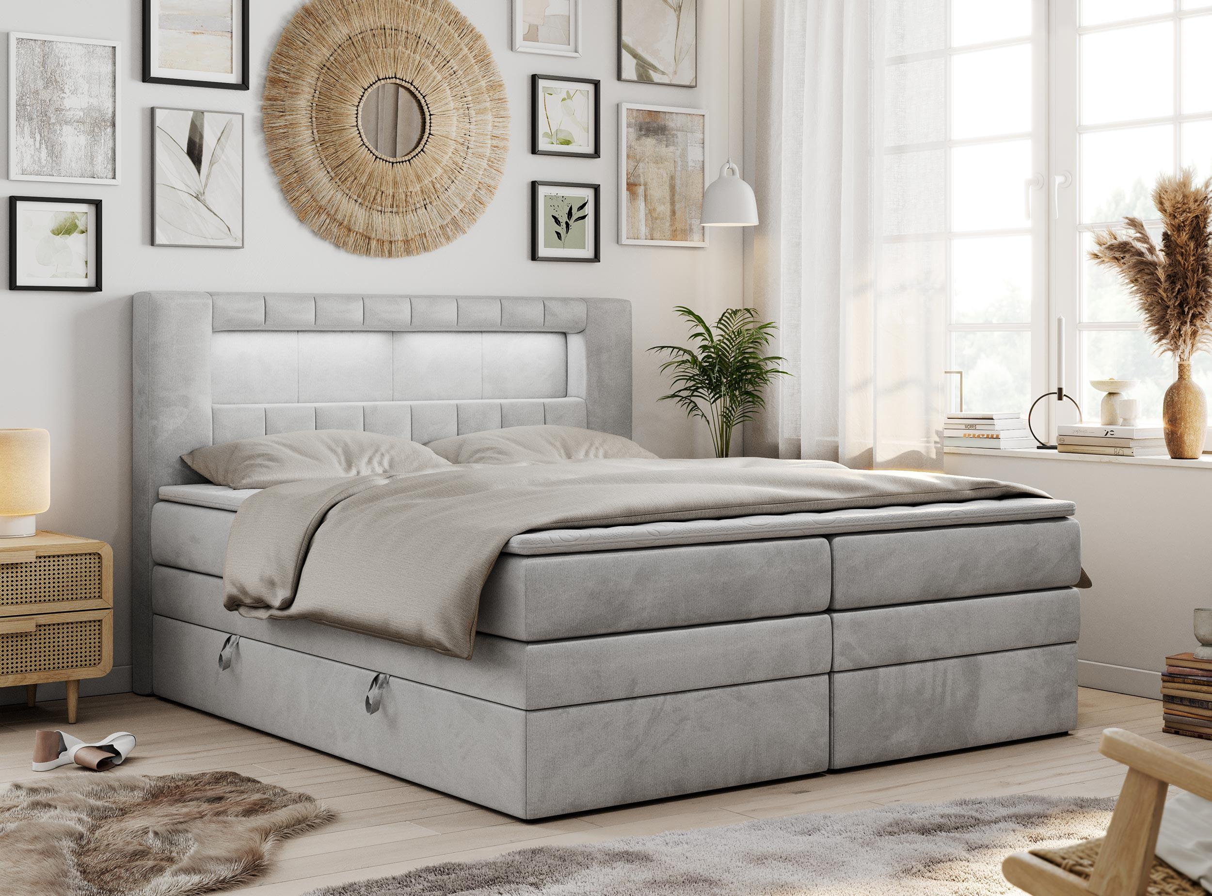 wohnli-moebel-suche-800000631538-1 BOXSPRINGBETT GOLD-5 KING LED 160/200 Hellgrau Velvet - H3 Textil MKS Möbel > Betten > Boxspringbetten Grau