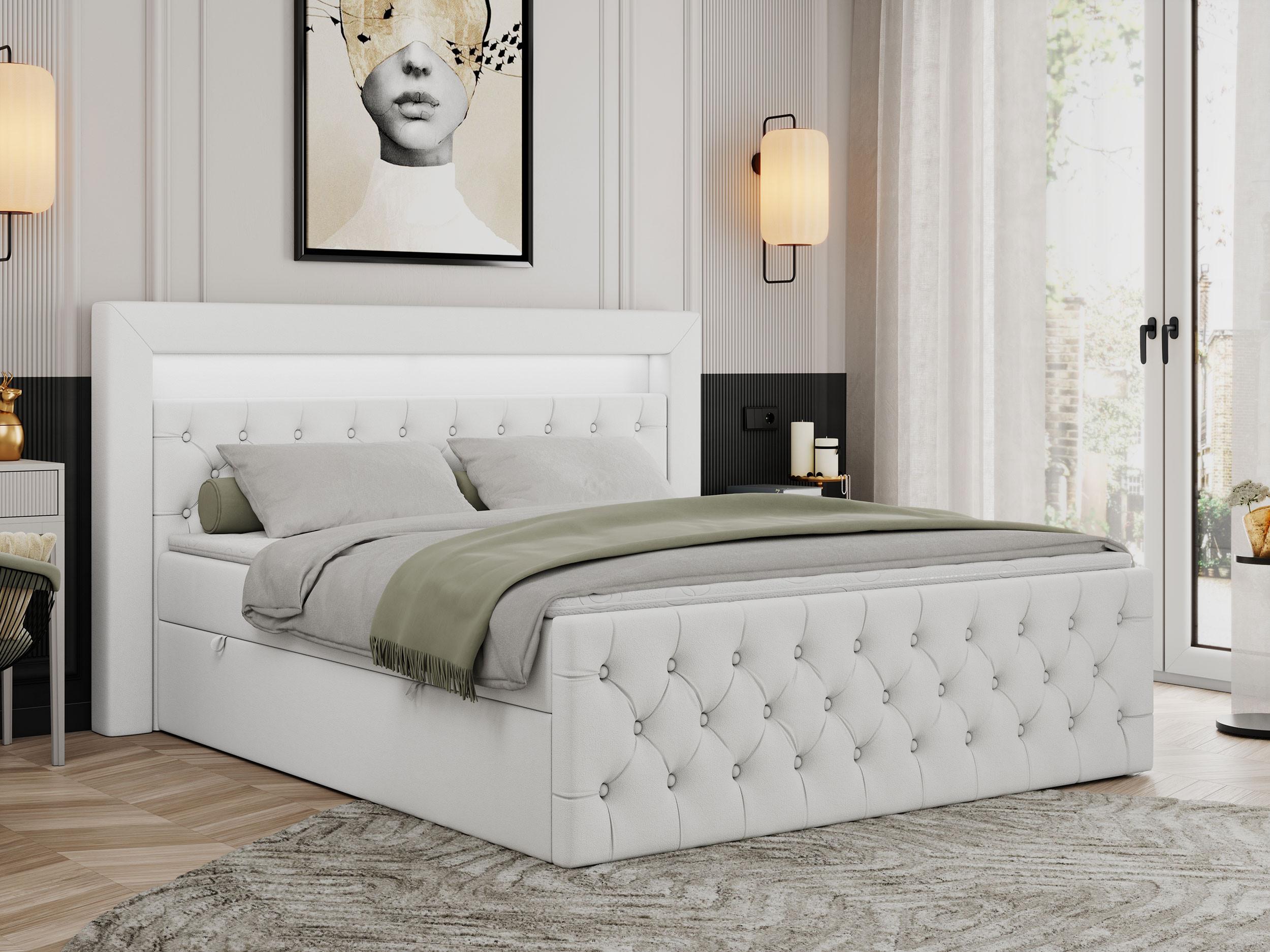 wohnli-moebel-suche-800000631565-1 BOXBETT GOLD-9 LED 120/200 Weiß Kunstleder - H3 Textil MKS Möbel > Betten > Boxspringbetten Weiß
