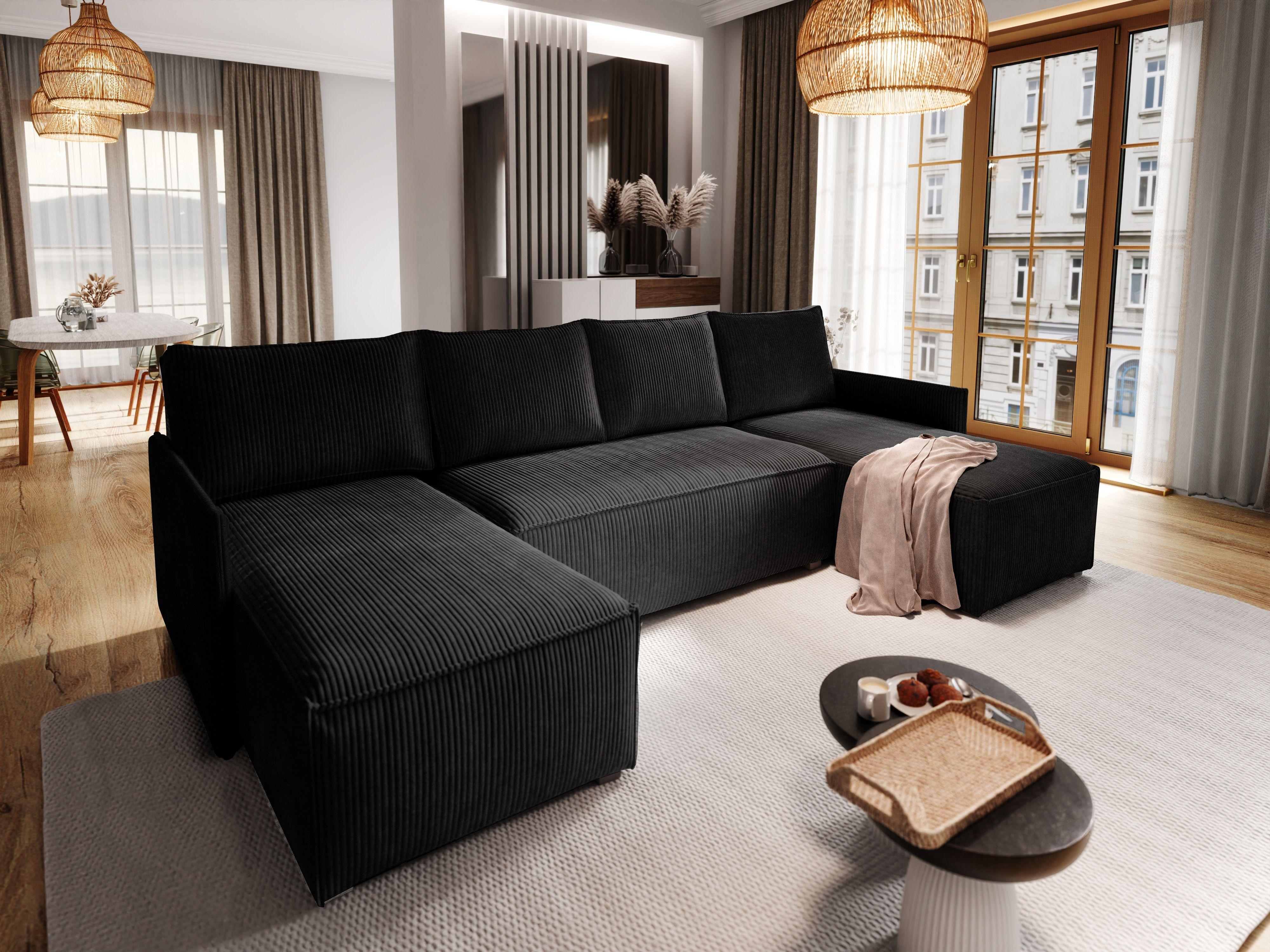 WOHNLANDSCHAFT TRES Schwarz Kordstoff mit Schlaffunktion Textil MASSENO Möbel > Sofas & Couches > Wohnlandschaften > Wohnlandschaften U-Form Schwarz