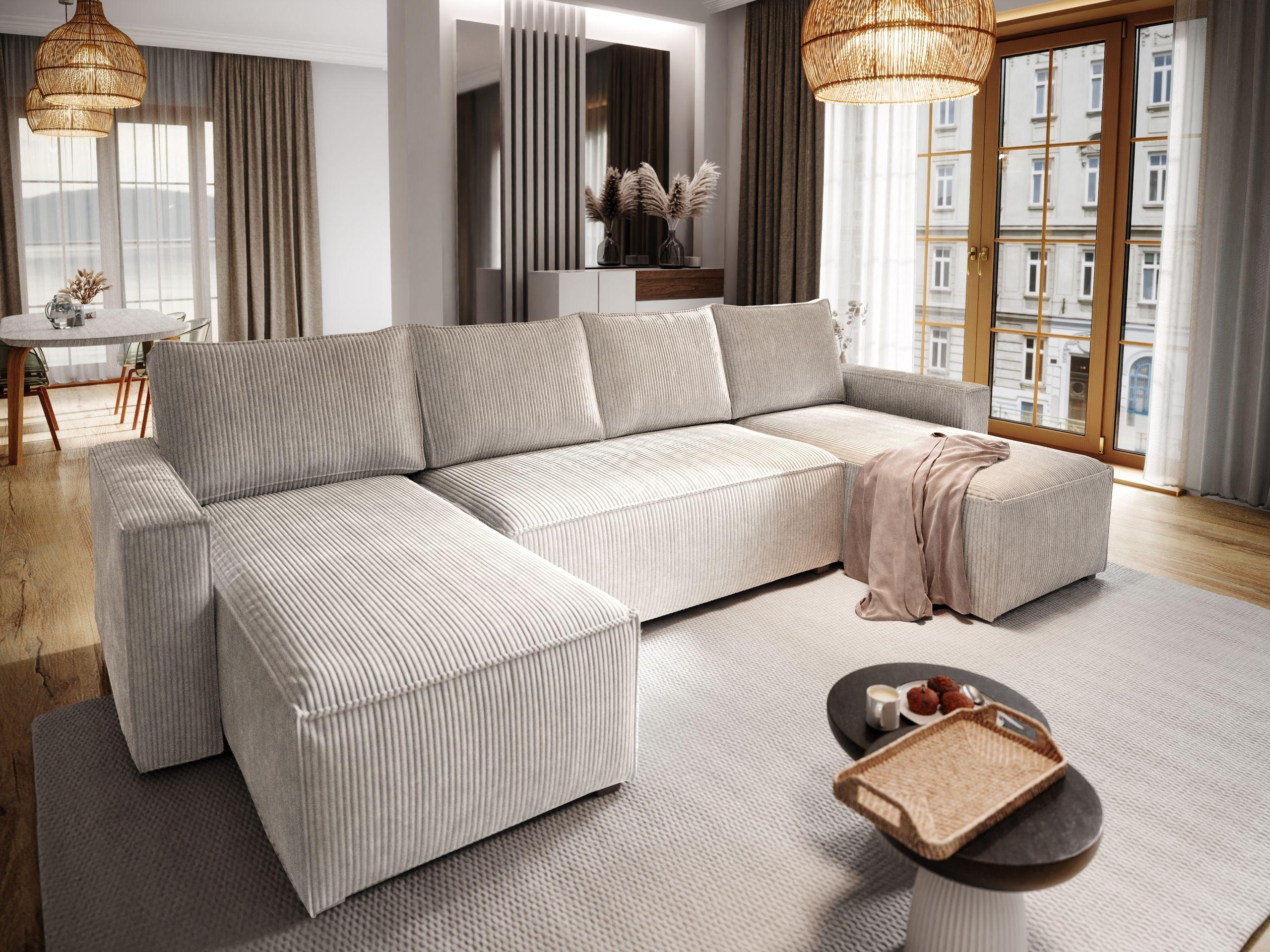 WOHNLANDSCHAFT ASPRA Creme Kordstoff mit Schlaffunktion Textil MASSENO Möbel > Sofas & Couches > Wohnlandschaften > Wohnlandschaften U-Form Weiß