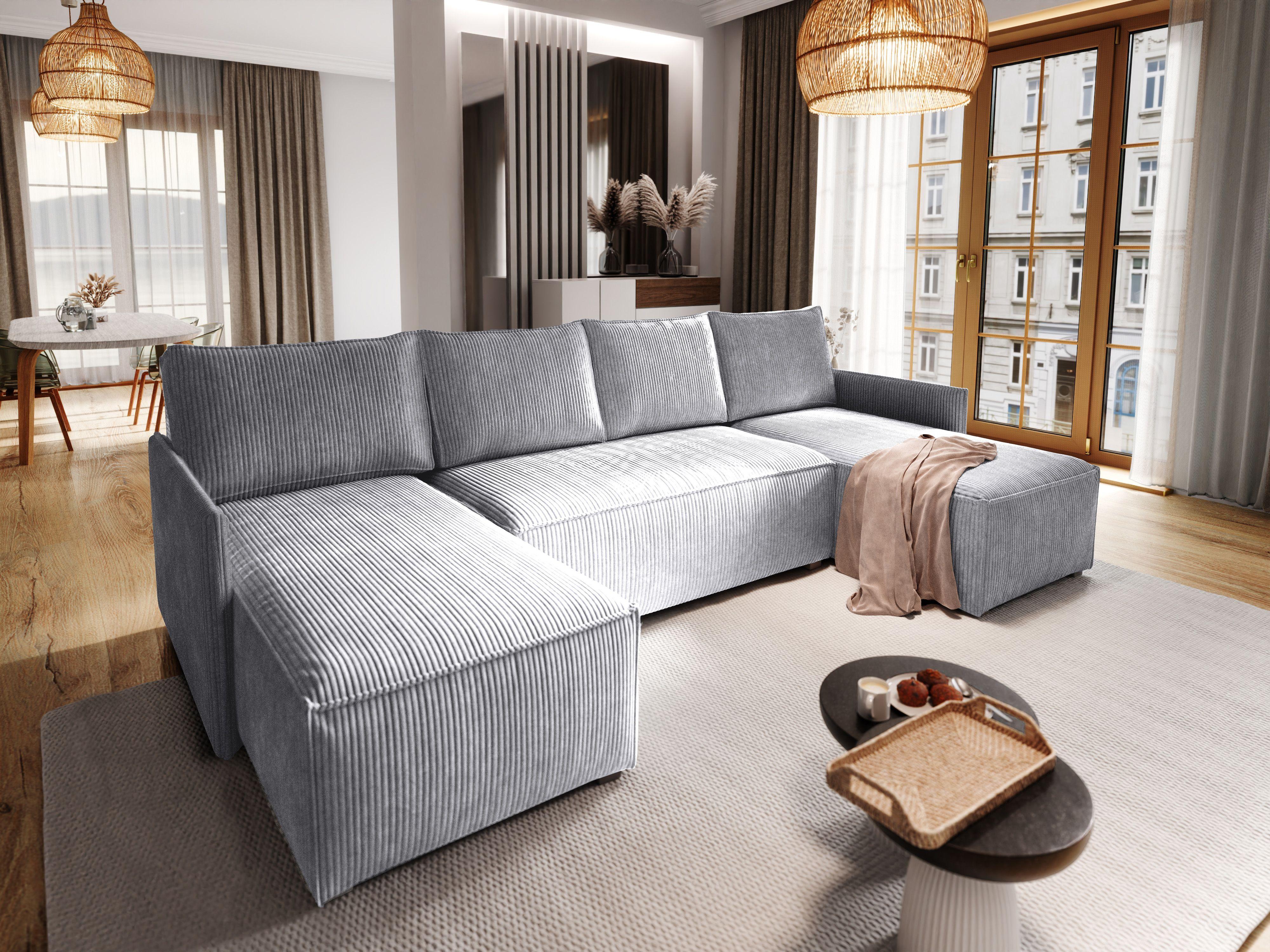wohnli-moebel-suche-800000646680-1 WOHNLANDSCHAFT TRES Hellgrau Kordstoff mit Schlaffunktion Textil MASSENO Möbel > Sofas & Couches > Wohnlandschaften > Wohnlandschaften U-Form Grau