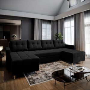 wohnli-moebel-suche-800000646734-1 WOHNLANDSCHAFT MILO U Schwarz Plüsch-Stoff mit Schlaffunktion Textil MASSENO Möbel > Sofas & Couches > Wohnlandschaften > Wohnlandschaften U-Form Schwarz