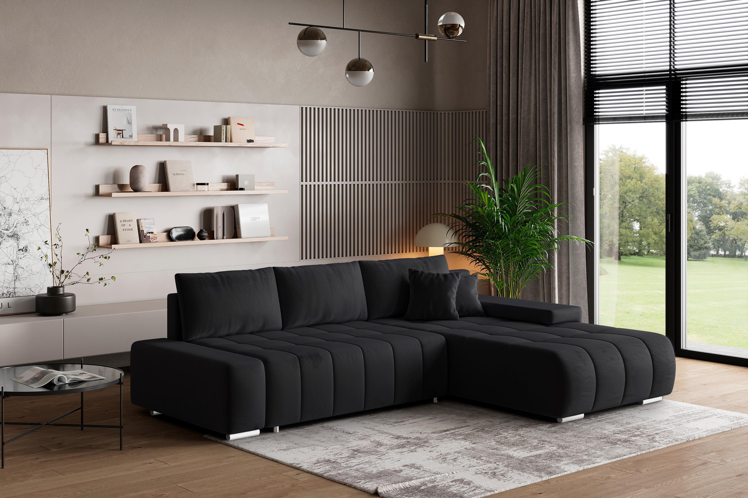 ECKSOFA ALESE R-S Schwarz Velours-Stoff mit Schlaffunktion Textil MASSENO Möbel > Sofas & Couches > Wohnlandschaften > Ecksofas Schwarz