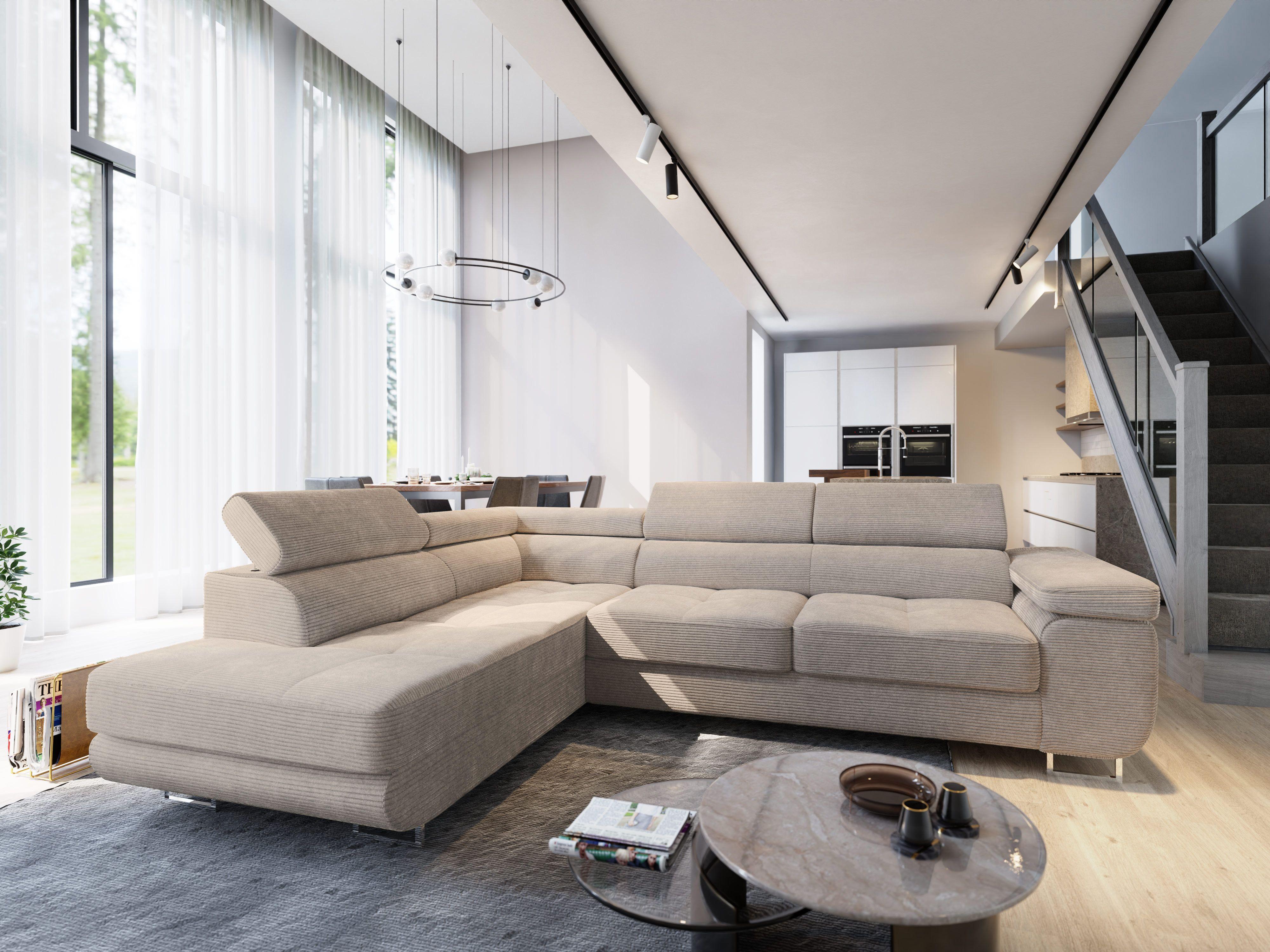 ECKSOFA APIRO L-S Beige Kordstoff mit Schlaffunktion Textil MASSENO Möbel > Sofas & Couches > Wohnlandschaften > Ecksofas Beige