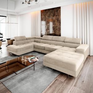 wohnli-moebel-suche-800000646811-1 WOHNLANDSCHAFT CASONE L-S Creme Velours-Stoff mit Schlaffunktion Textil MASSENO Möbel > Sofas & Couches > Wohnlandschaften > Wohnlandschaften U-Form Weiß