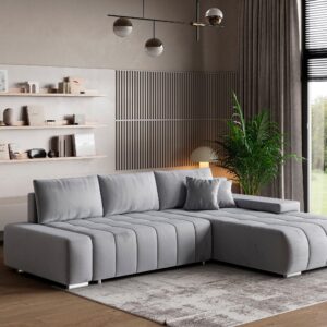 ECKSOFA ALESE R-S Hellgrau Velours-Stoff mit Schlaffunktion Textil MASSENO Möbel > Sofas & Couches > Wohnlandschaften > Ecksofas Grau
