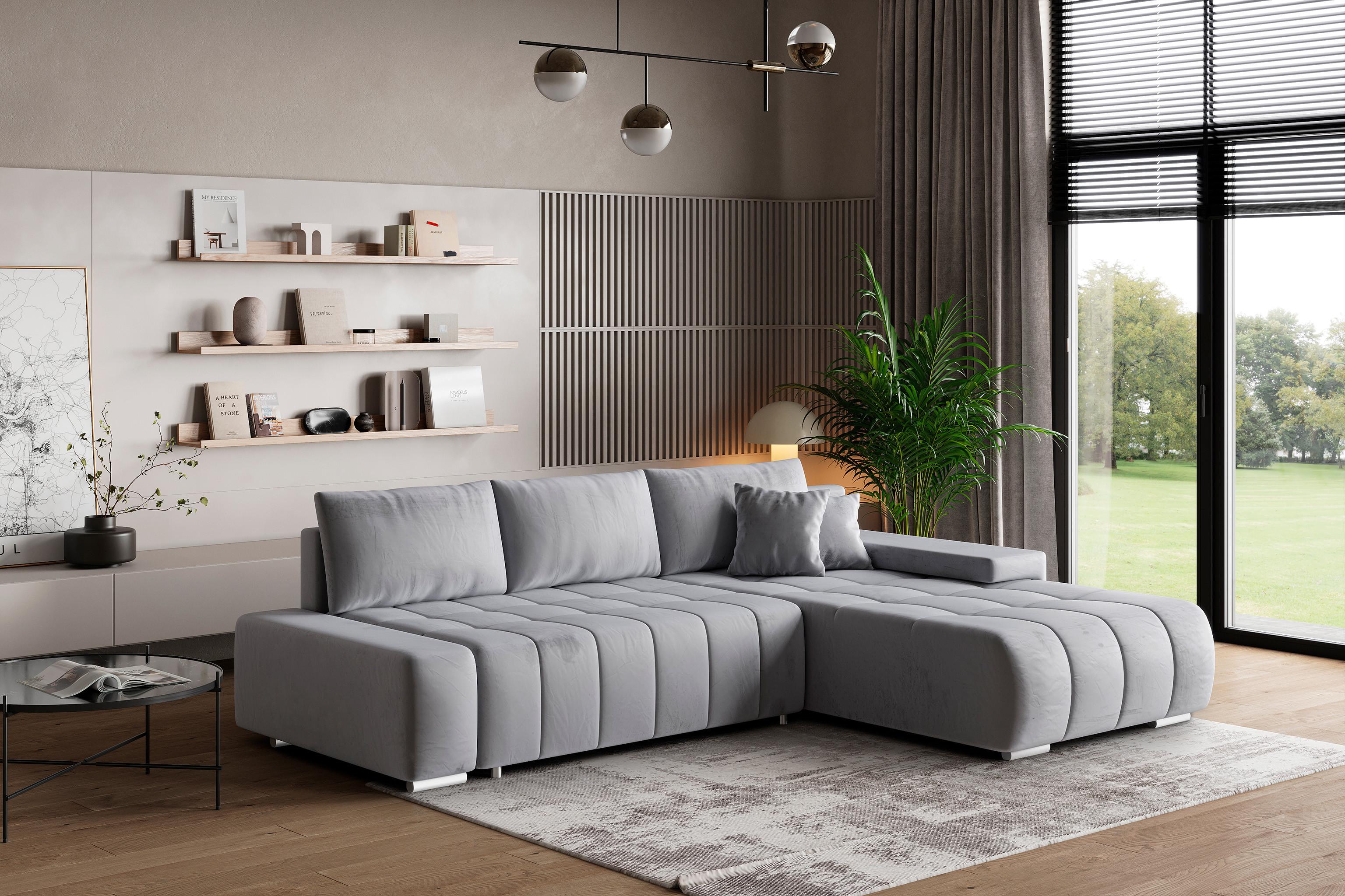 ECKSOFA ALESE R-S Hellgrau Velours-Stoff mit Schlaffunktion Textil MASSENO Möbel > Sofas & Couches > Wohnlandschaften > Ecksofas Grau