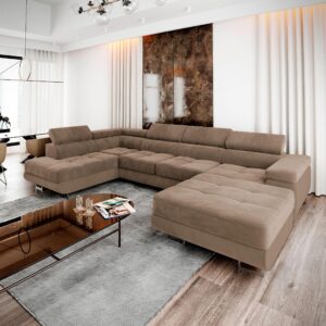 wohnli-moebel-suche-800000646828-1 WOHNLANDSCHAFT CASONE L-S Beige Velours-Stoff mit Schlaffunktion Textil MASSENO Möbel > Sofas & Couches > Wohnlandschaften > Wohnlandschaften U-Form Beige